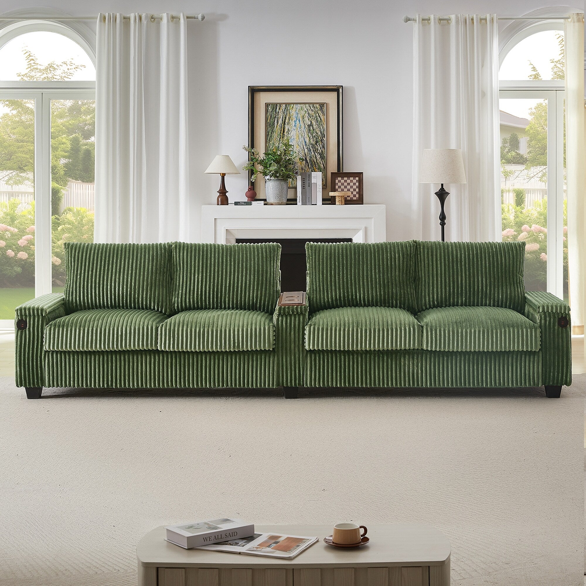 133 4-Seater Corduroy Sofa - Modern Storage Couch with USB Ports, Flip-Top Cup Holders