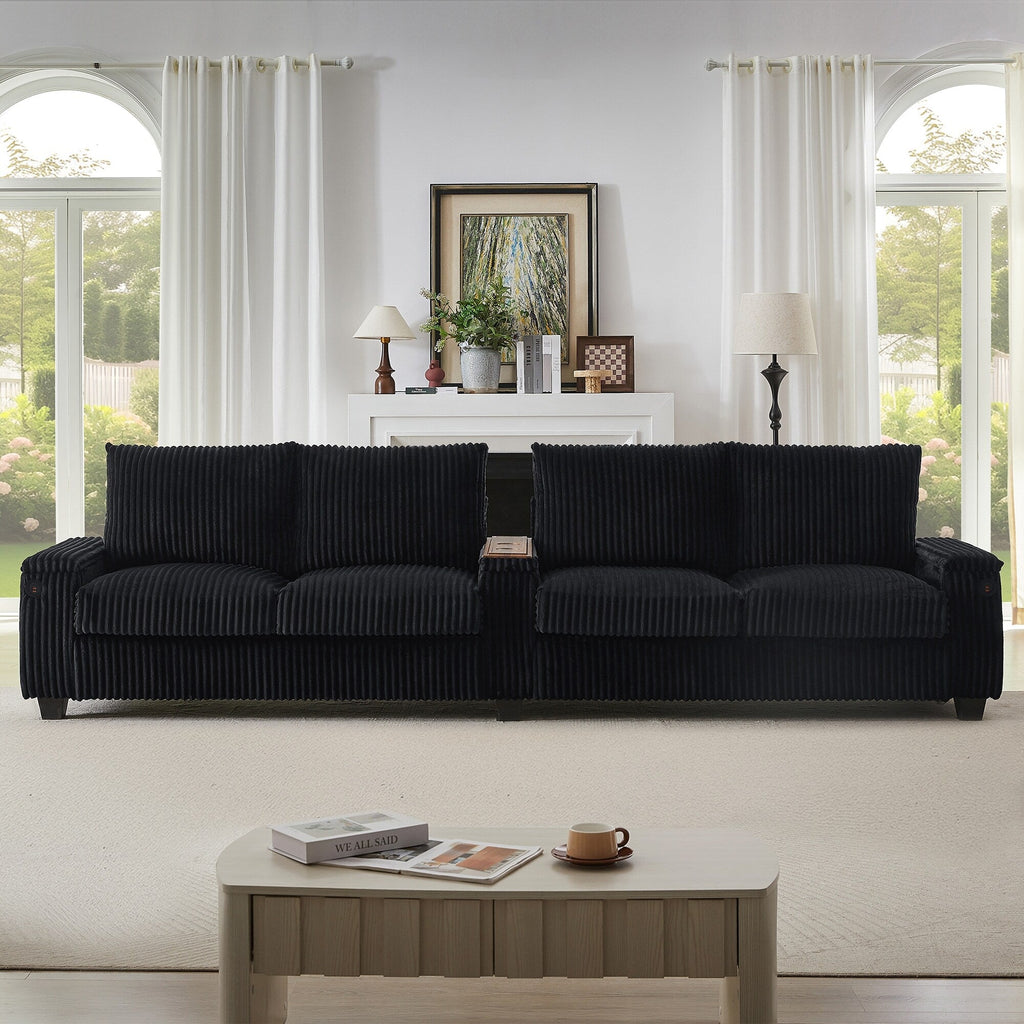 133 4-Seater Corduroy Sofa - Modern Storage Couch with USB Ports, Flip-Top Cup Holders
