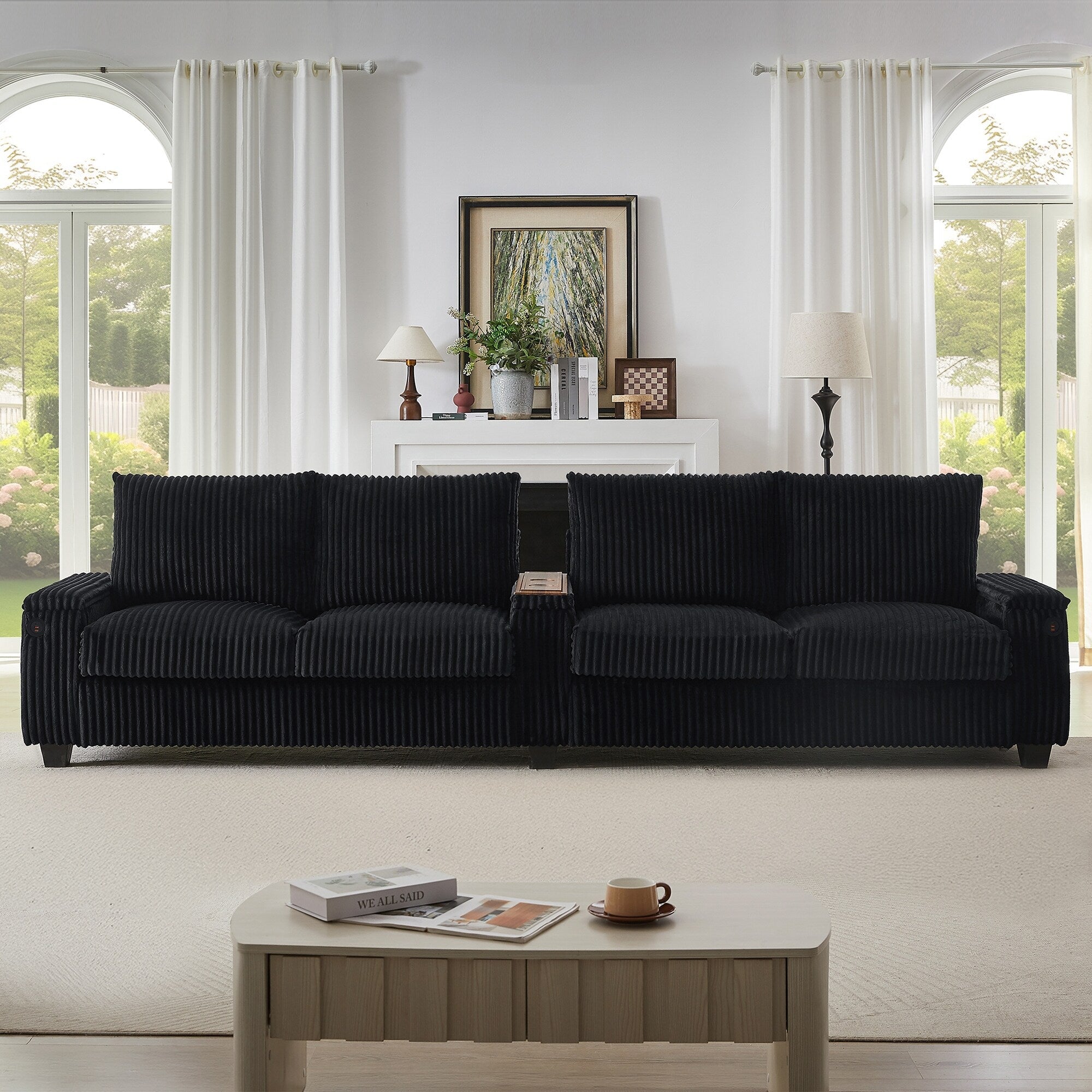 133 4-Seater Corduroy Sofa - Modern Storage Couch with USB Ports, Flip-Top Cup Holders