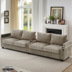133 4-Seater Corduroy Sofa - Modern Storage Couch with USB Ports, Flip-Top Cup Holders