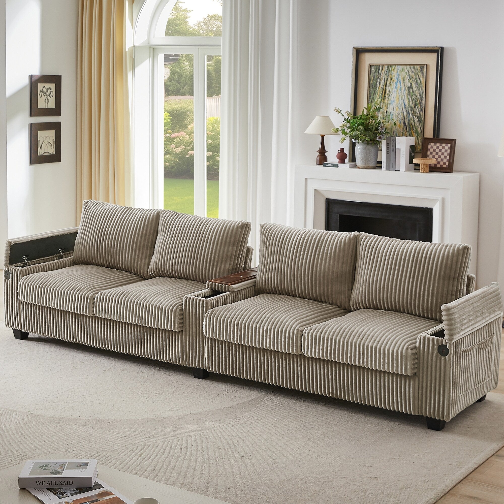133 4-Seater Corduroy Sofa - Modern Storage Couch with USB Ports, Flip-Top Cup Holders