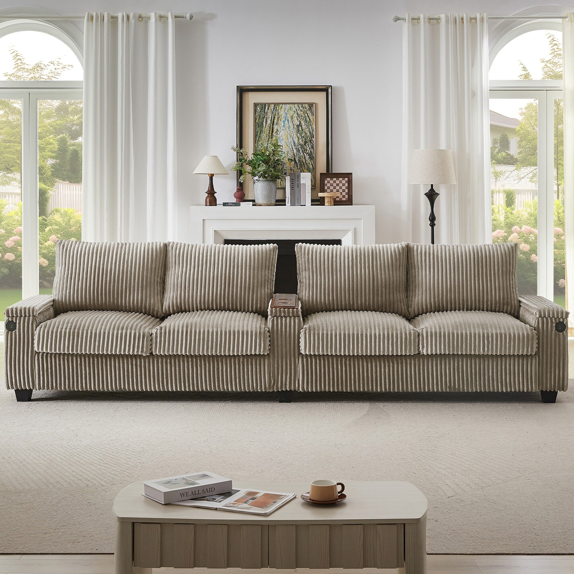 133 4-Seater Corduroy Sofa - Modern Storage Couch with USB Ports, Flip-Top Cup Holders