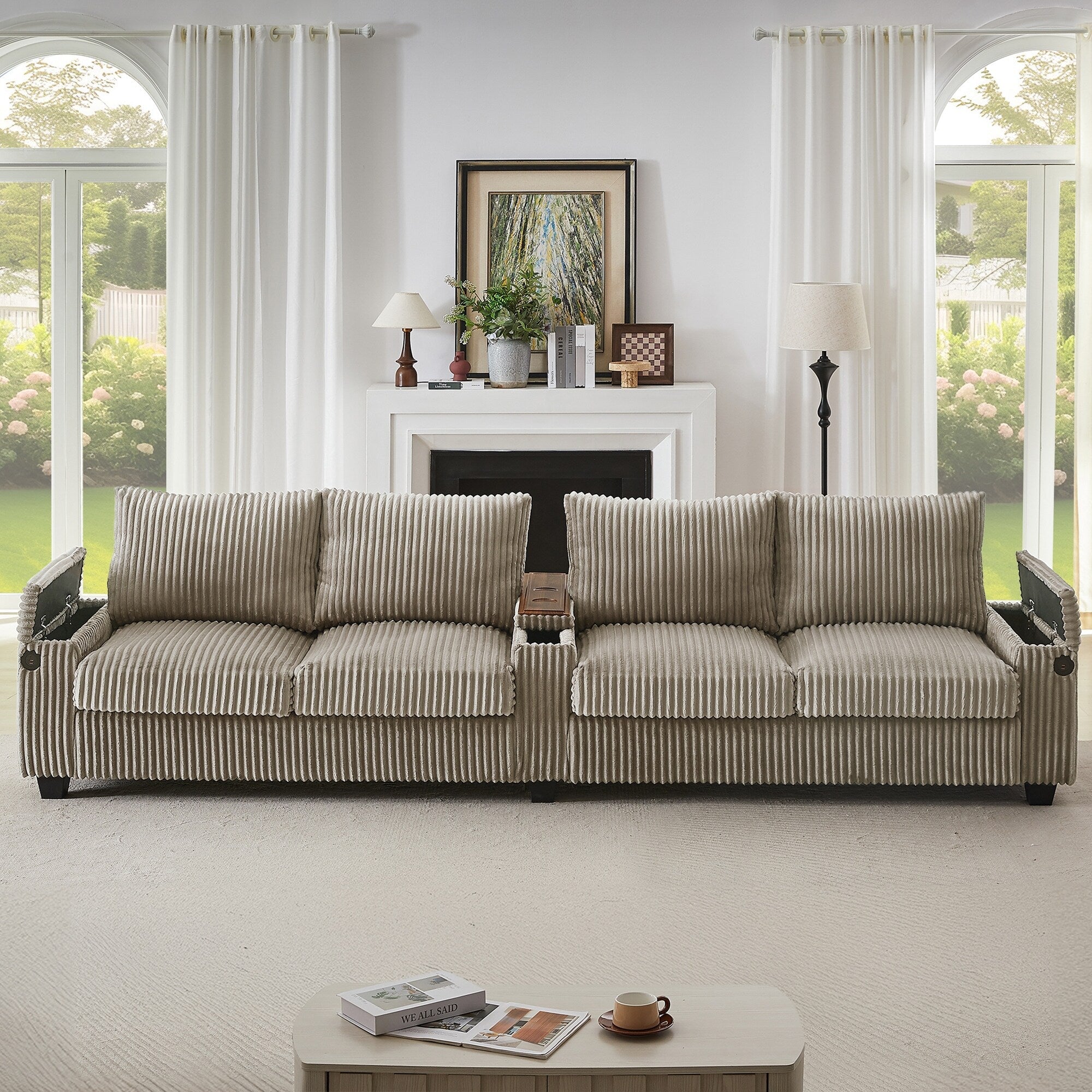 133 4-Seater Corduroy Sofa - Modern Storage Couch with USB Ports, Flip-Top Cup Holders