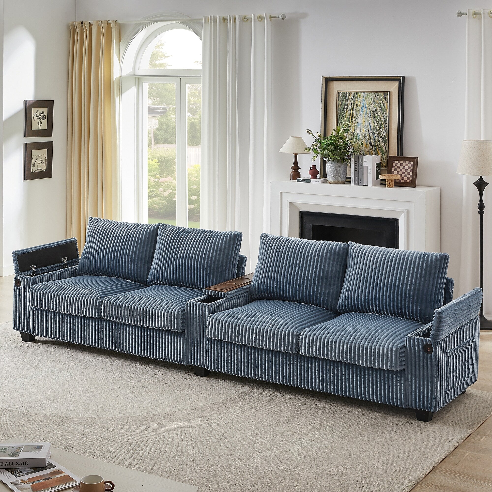 133 4-Seater Corduroy Sofa - Modern Storage Couch with USB Ports, Flip-Top Cup Holders