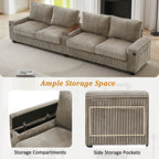 133 Corduroy 4-Seater Sofa with USB Ports, Flip-Top Cup Holders, and Hidden Storage
