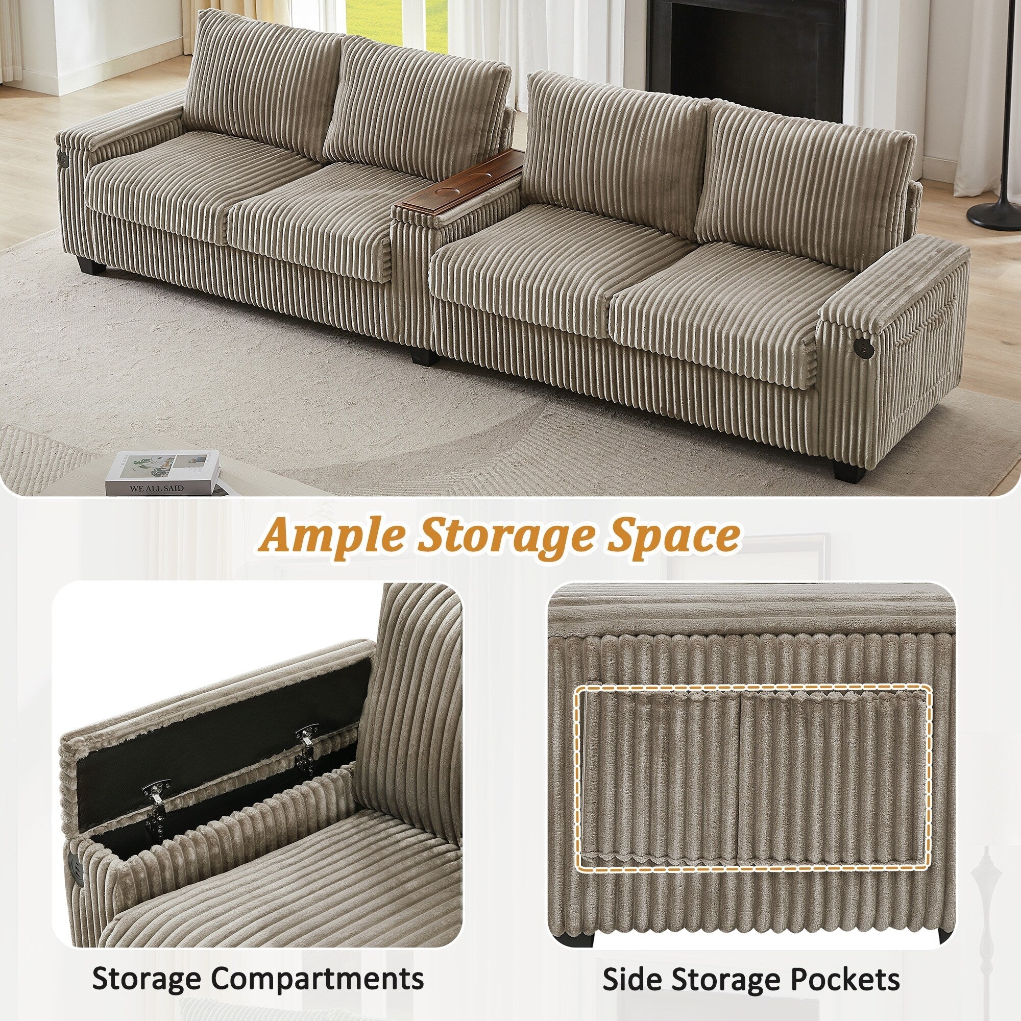 133 Corduroy 4-Seater Sofa with USB Ports, Flip-Top Cup Holders, and Hidden Storage