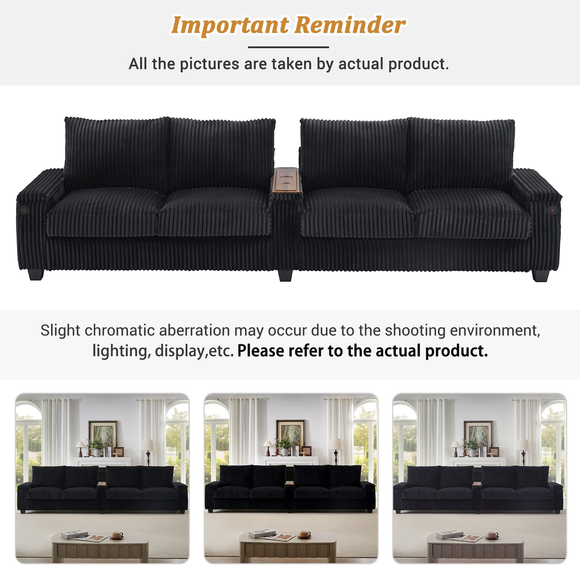 133 Corduroy 4-Seater Sofa with USB Ports, Flip-Top Cup Holders, and Hidden Storage