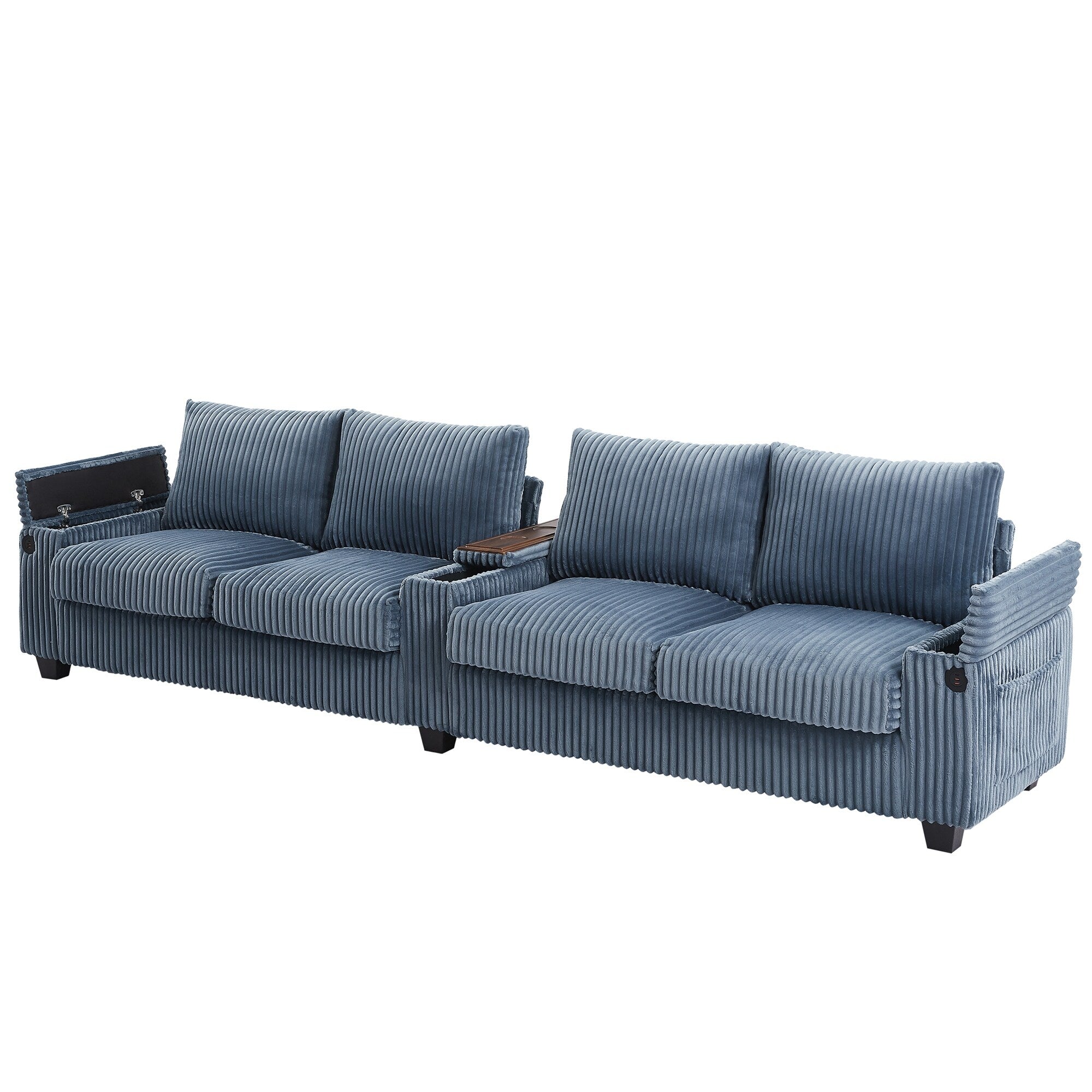 133 Corduroy 4-Seater Sofa with USB Ports, Flip-Top Cup Holders, and Hidden Storage