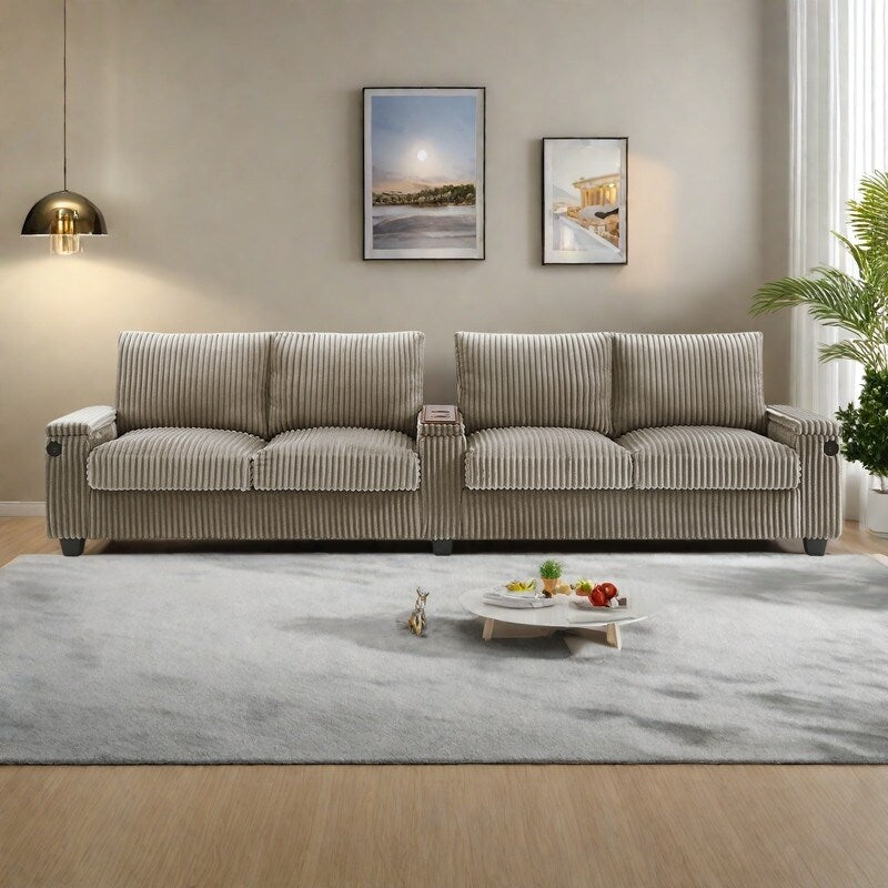 133 Corduroy 4-Seater Sofa with USB Ports, Flip-Top Cup Holders, and Hidden Storage
