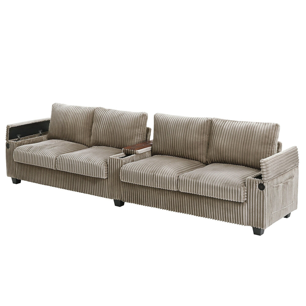 133 Corduroy 4-Seater Sofa with USB Ports, Flip-Top Cup Holders, and Hidden Storage
