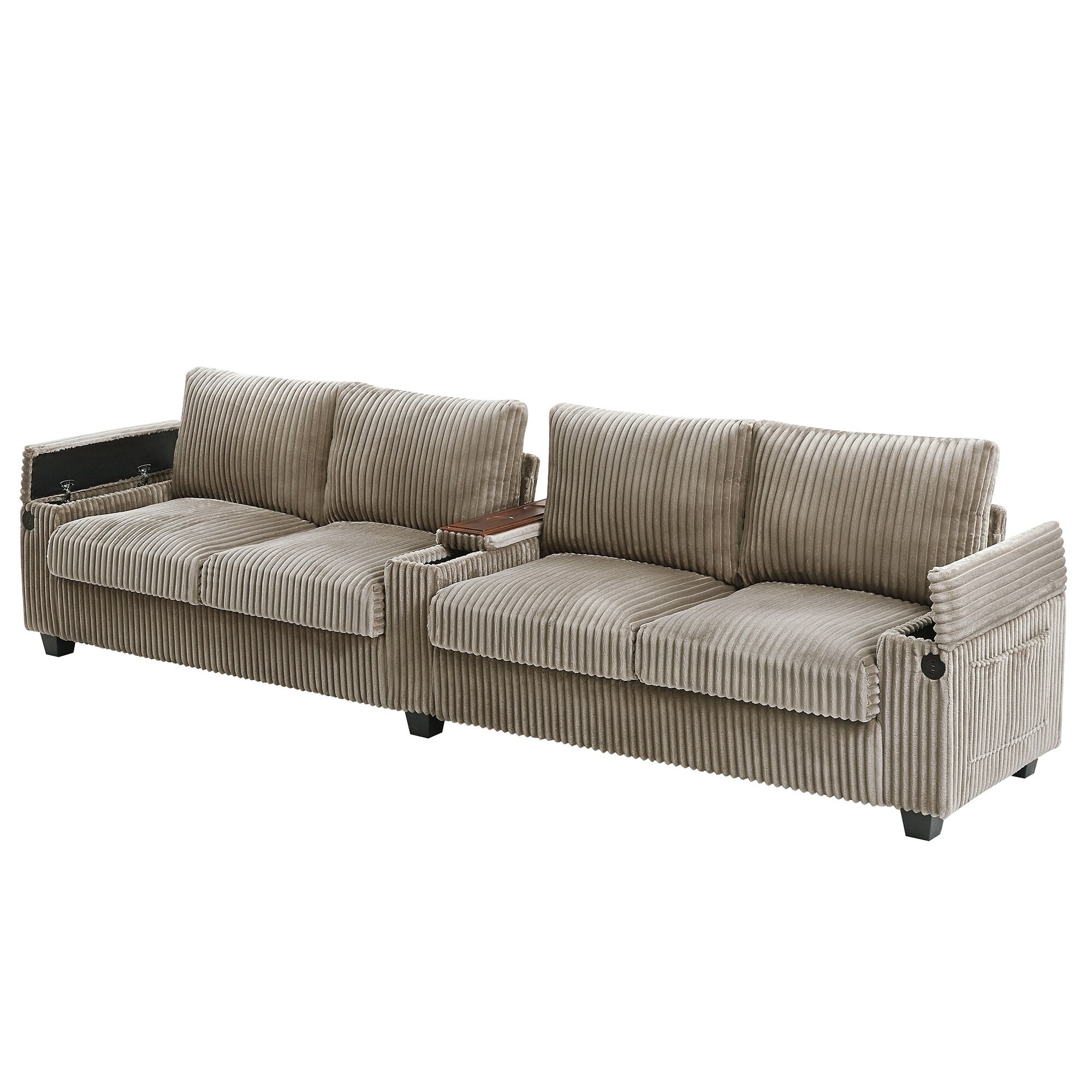 133 Corduroy 4-Seater Sofa with USB Ports, Flip-Top Cup Holders, and Hidden Storage