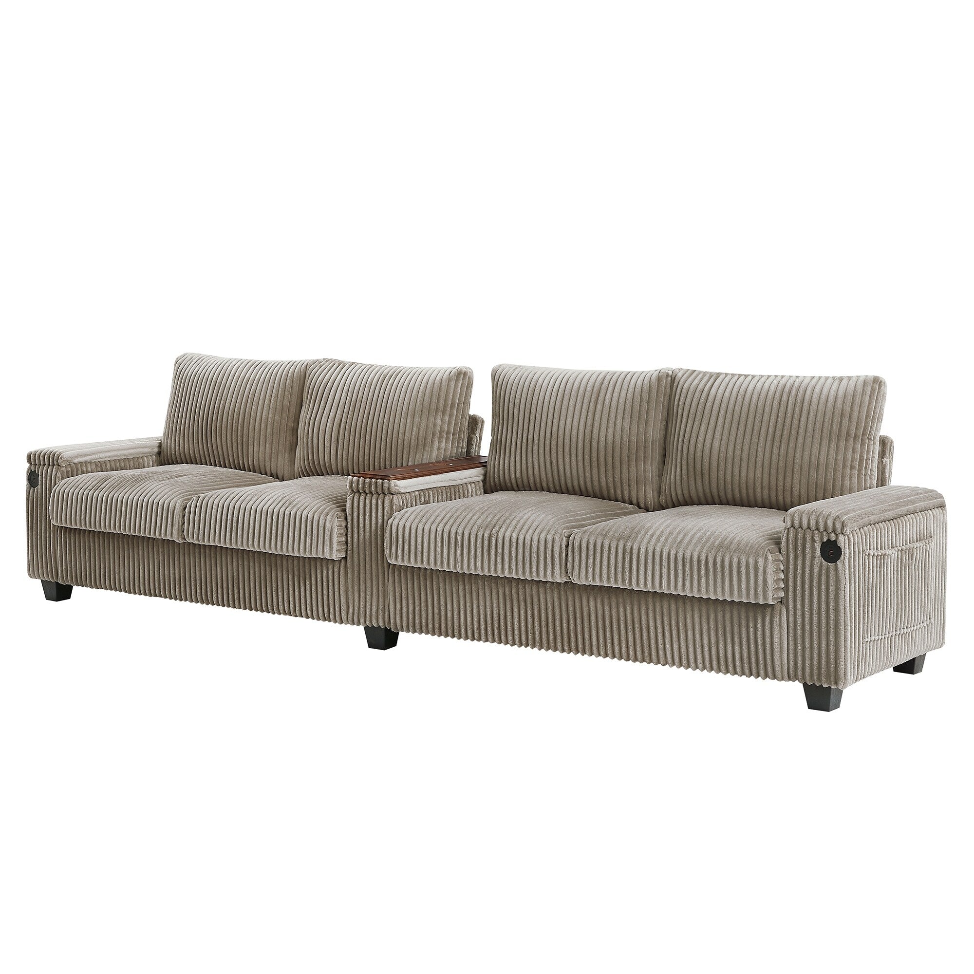133 Corduroy 4-Seater Sofa with USB Ports, Flip-Top Cup Holders, and Hidden Storage