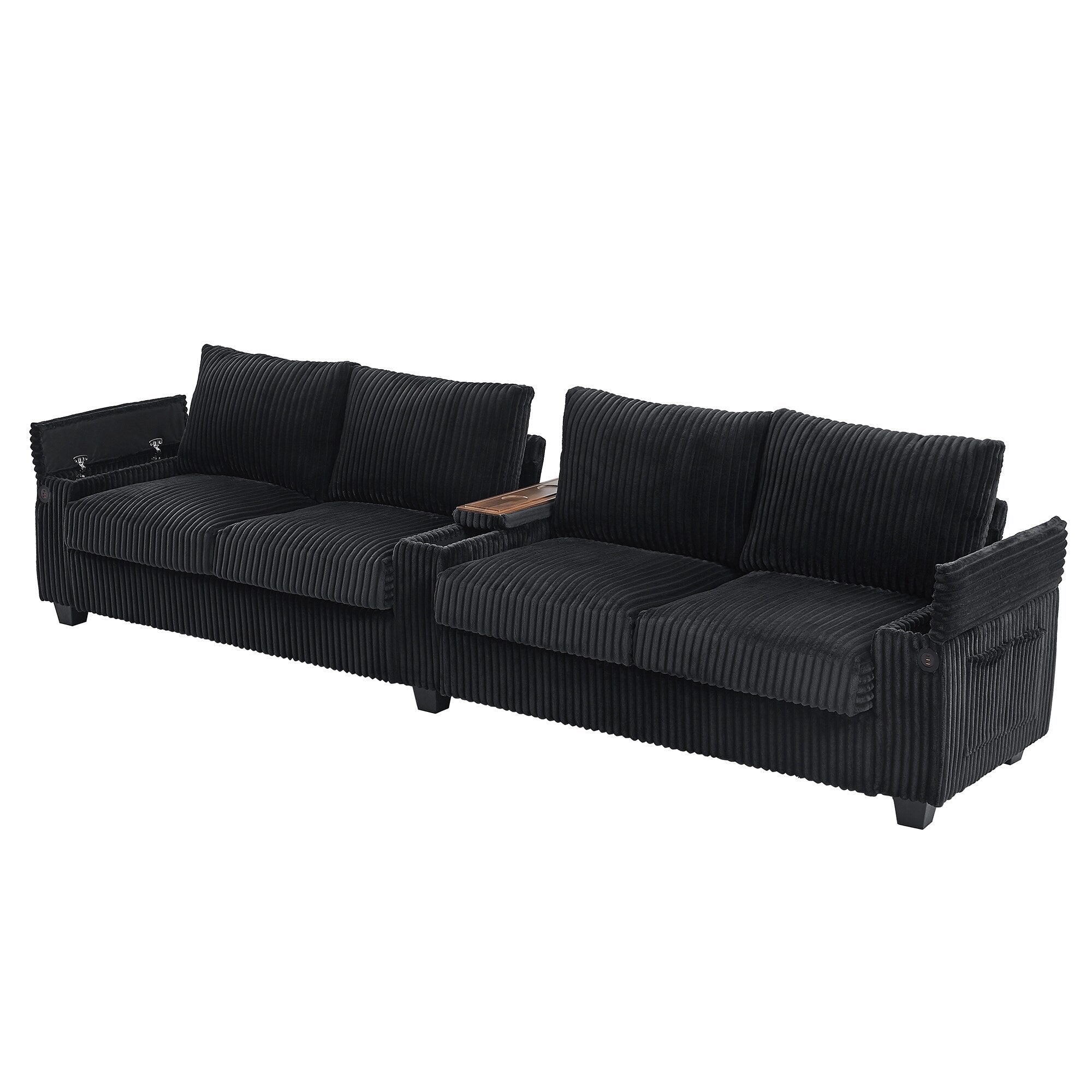 133 Corduroy 4-Seater Sofa with USB Ports, Flip-Top Cup Holders, and Hidden Storage