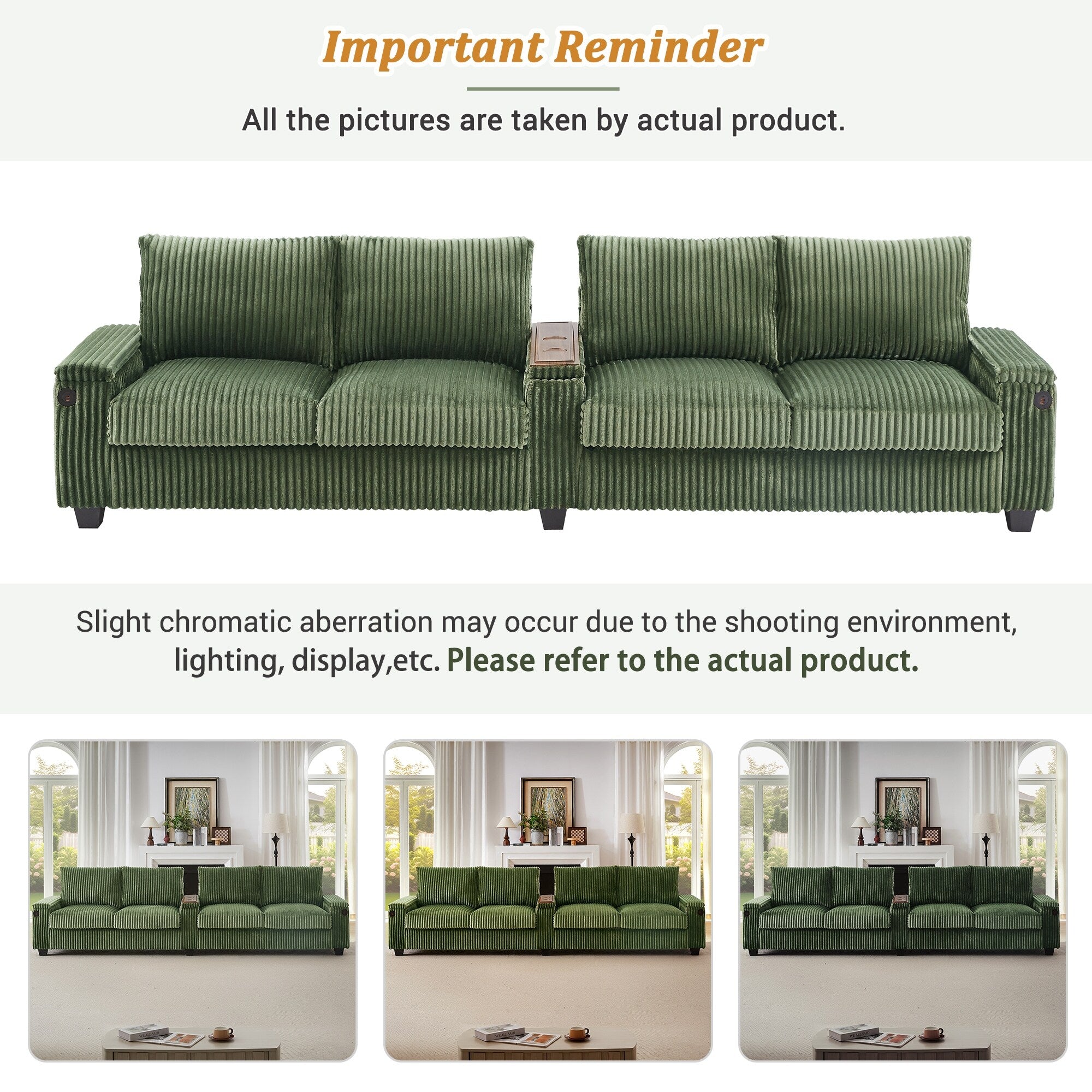 133 Corduroy 4-Seater Sofa with USB Ports, Flip-Top Cup Holders, and Hidden Storage
