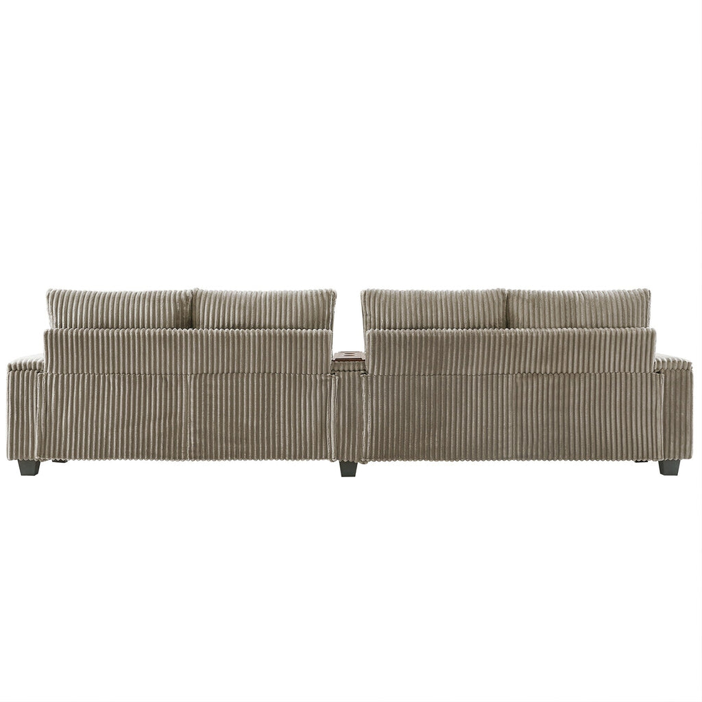 133 Corduroy 4-Seater Sofa with USB Ports, Flip-Top Cup Holders, and Hidden Storage