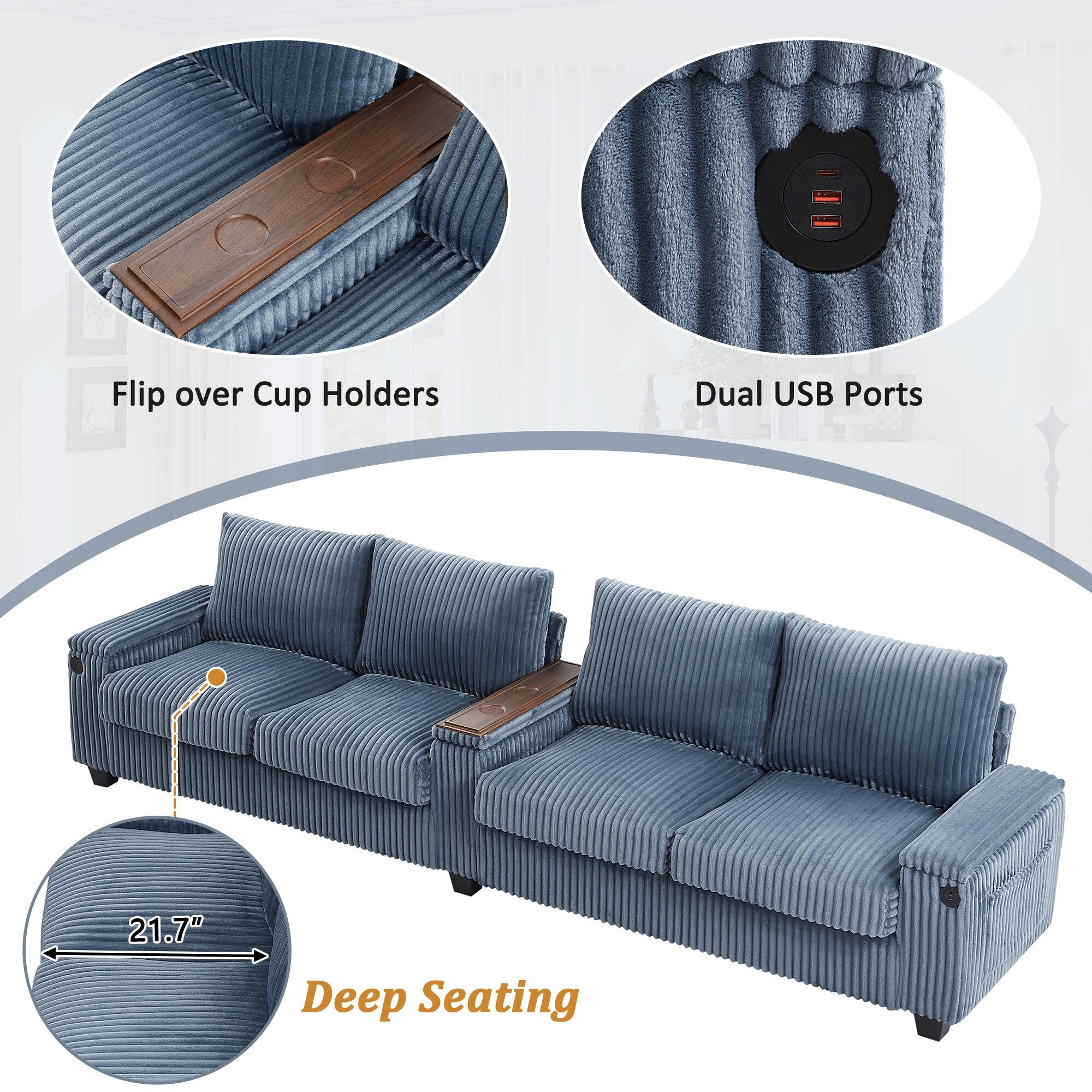 133 Corduroy 4-Seater Sofa with USB Ports, Flip-Top Cup Holders, and Hidden Storage