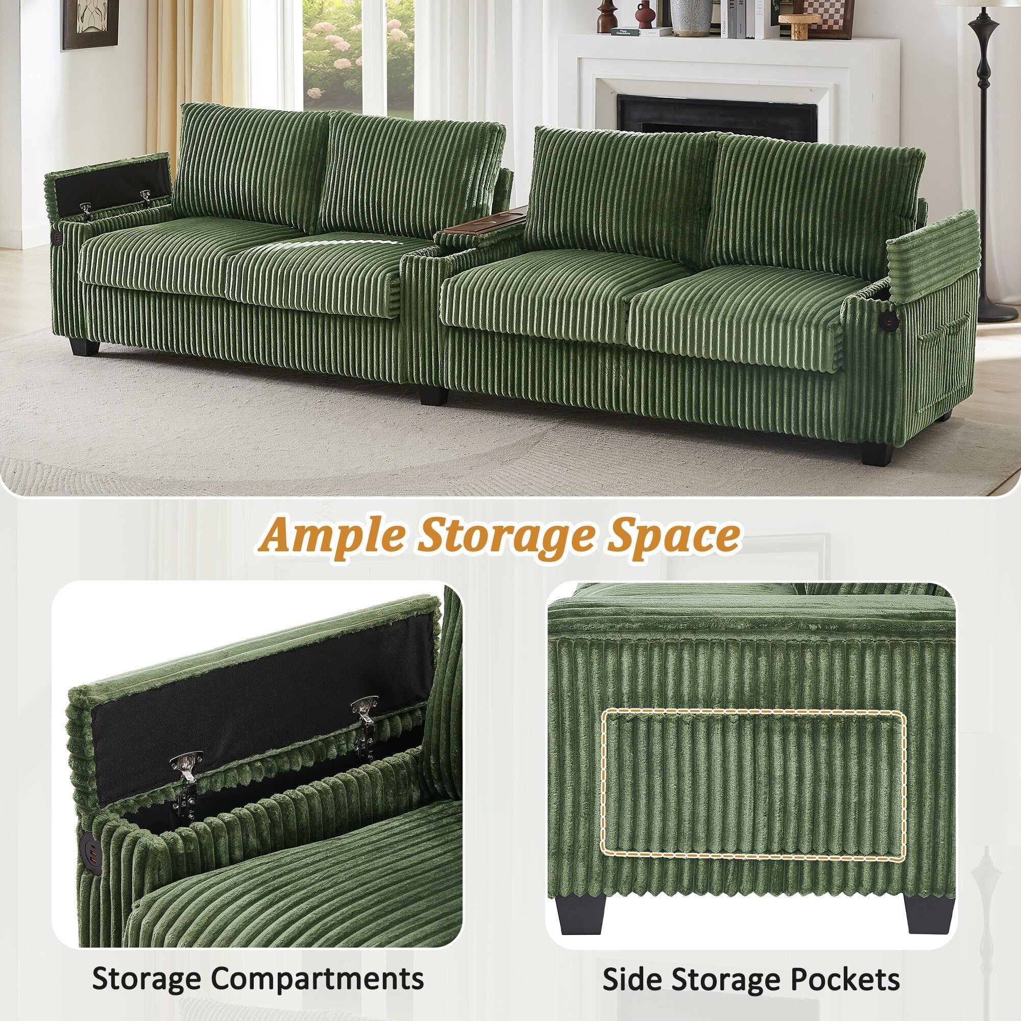133 Corduroy 4-Seater Sofa with USB Ports, Flip-Top Cup Holders, and Hidden Storage