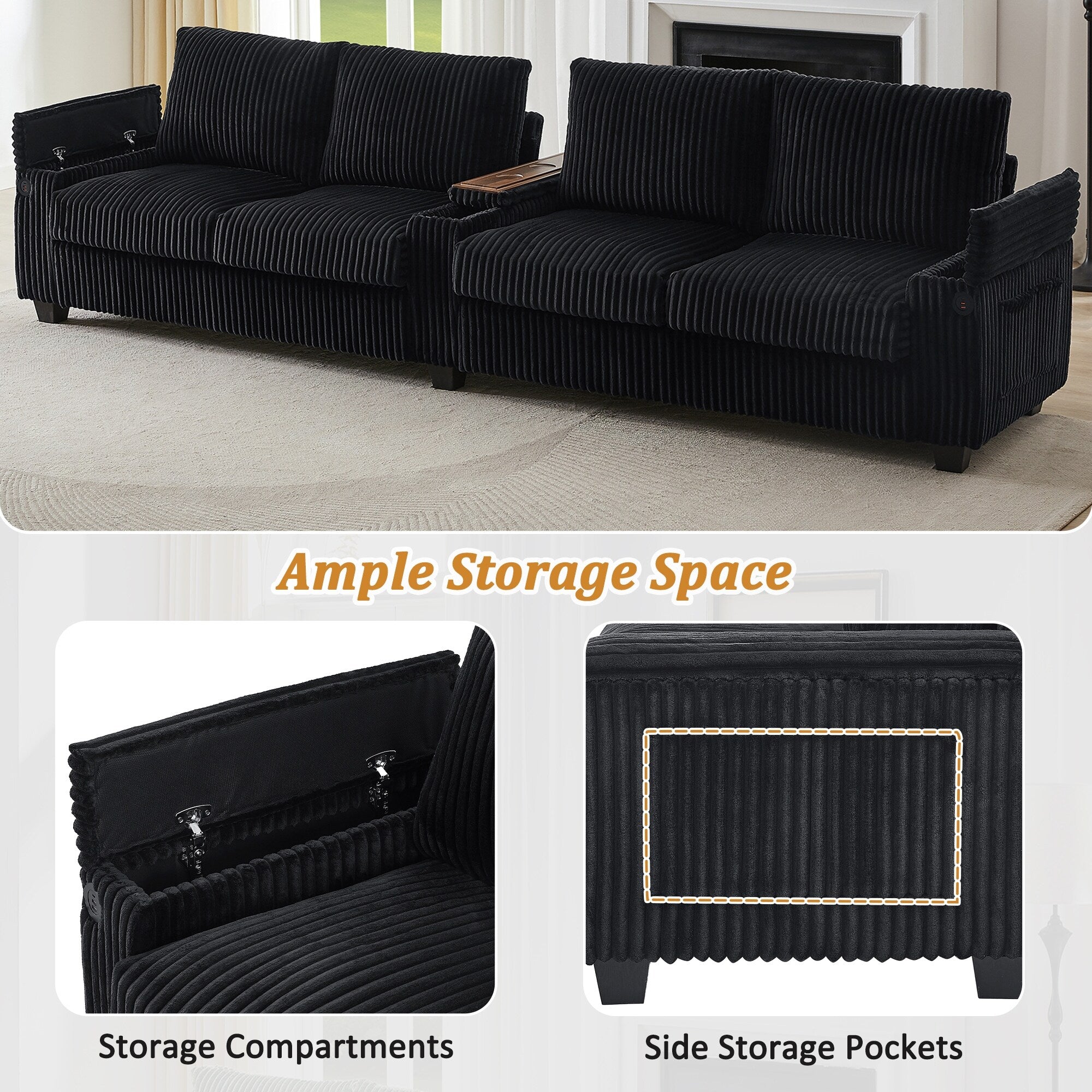 133 Corduroy 4-Seater Sofa with USB Ports, Flip-Top Cup Holders, and Hidden Storage