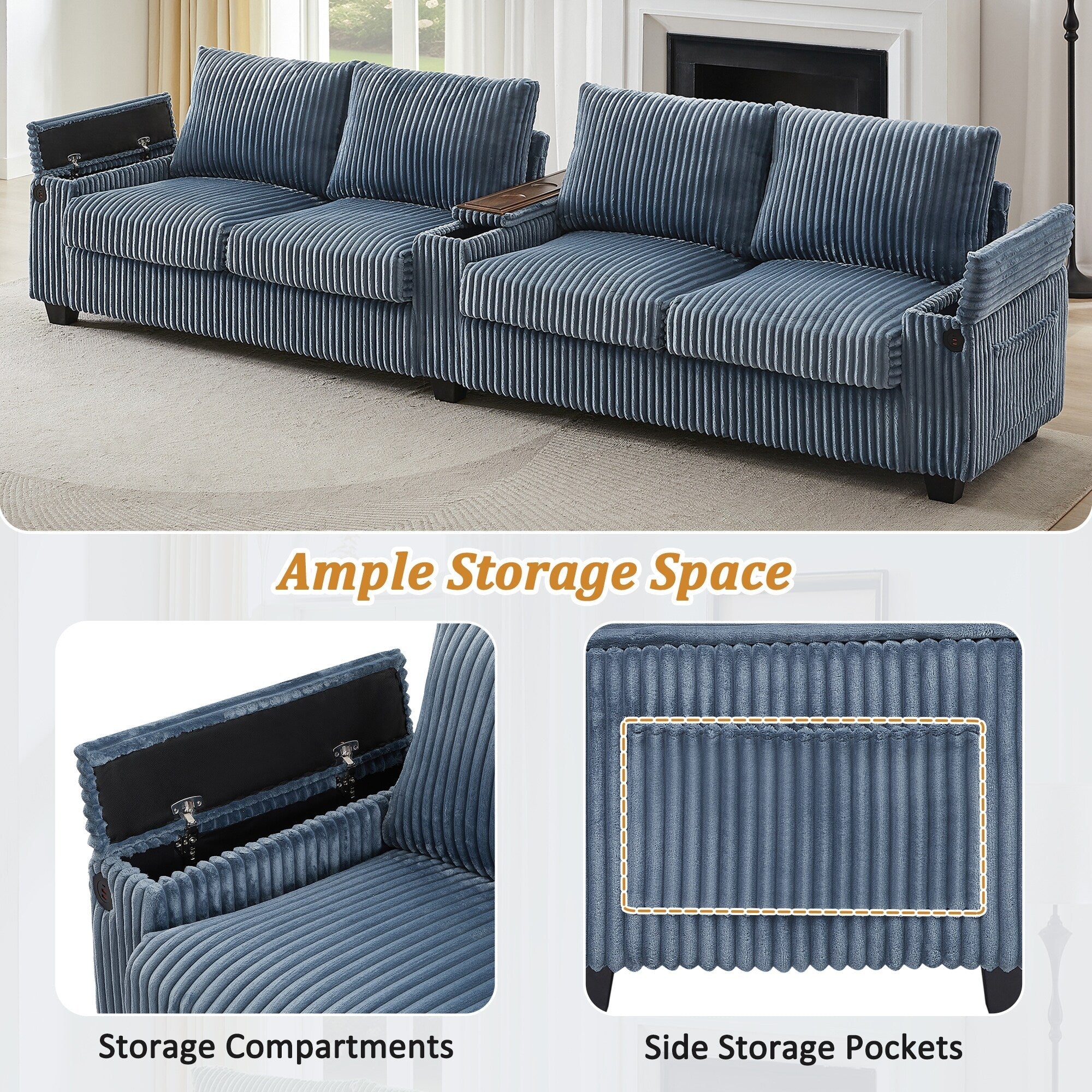 133 Corduroy 4-Seater Sofa with USB Ports, Flip-Top Cup Holders, and Hidden Storage