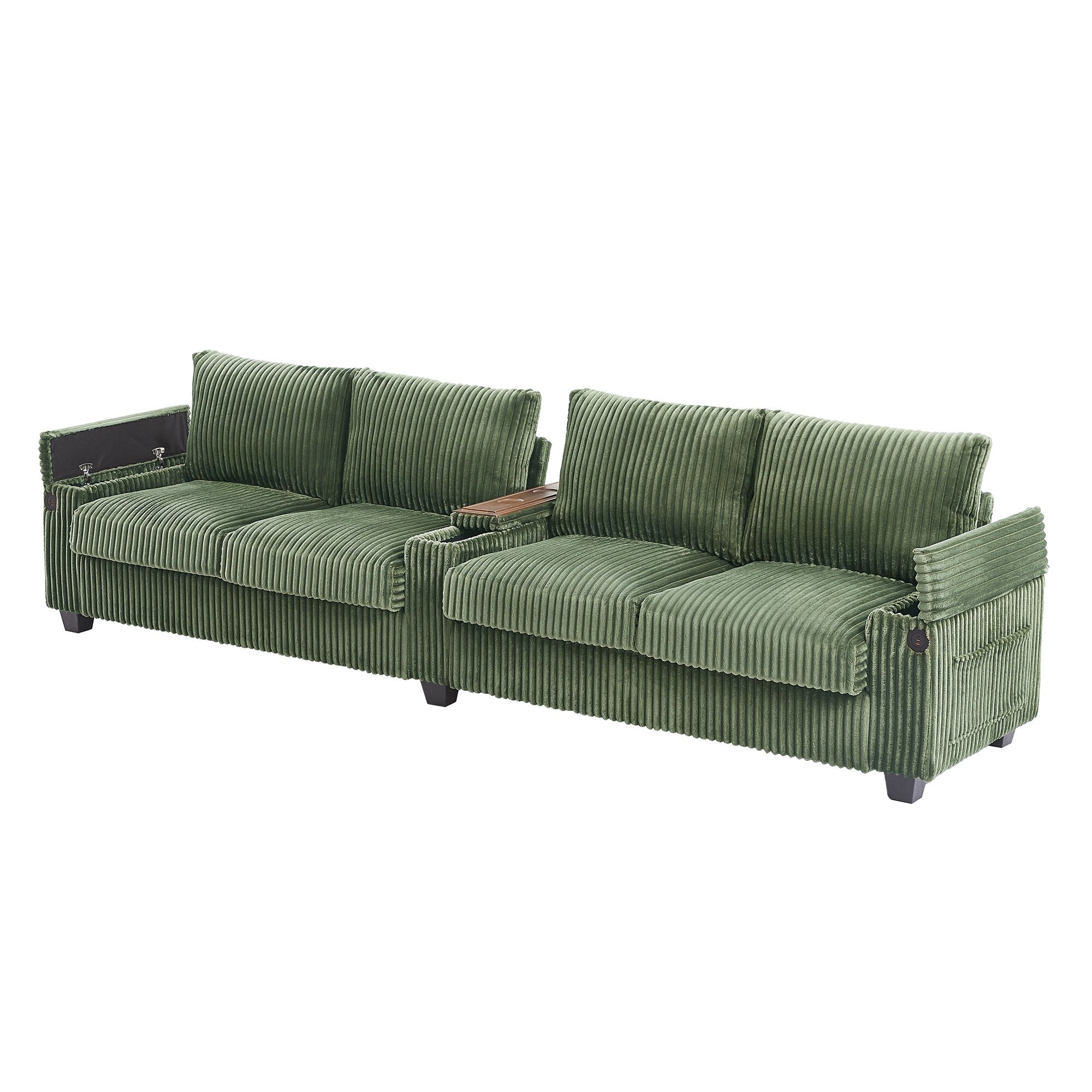 133 Corduroy 4-Seater Sofa with USB Ports, Flip-Top Cup Holders, and Hidden Storage