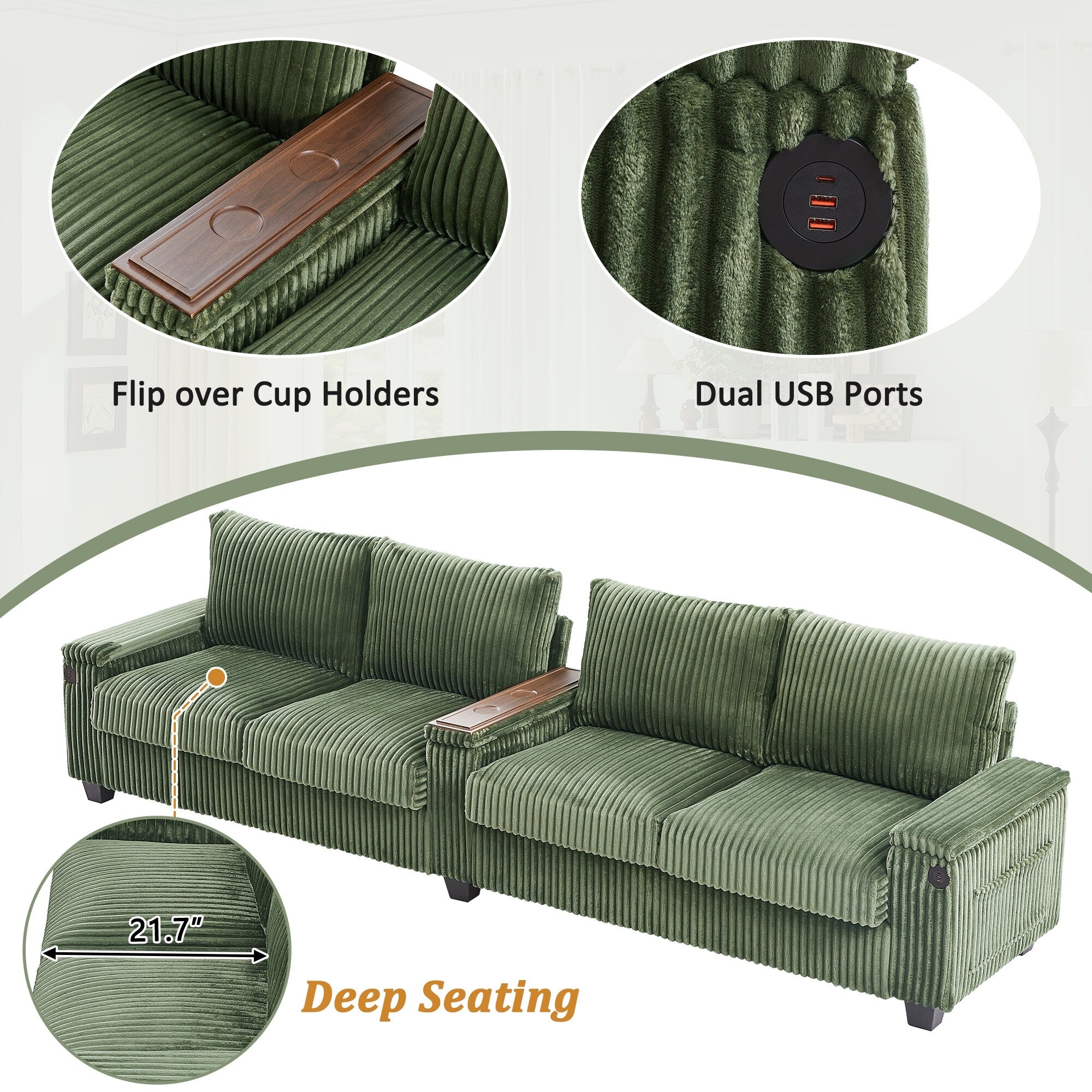 133 Corduroy 4-Seater Sofa with USB Ports, Flip-Top Cup Holders, and Hidden Storage