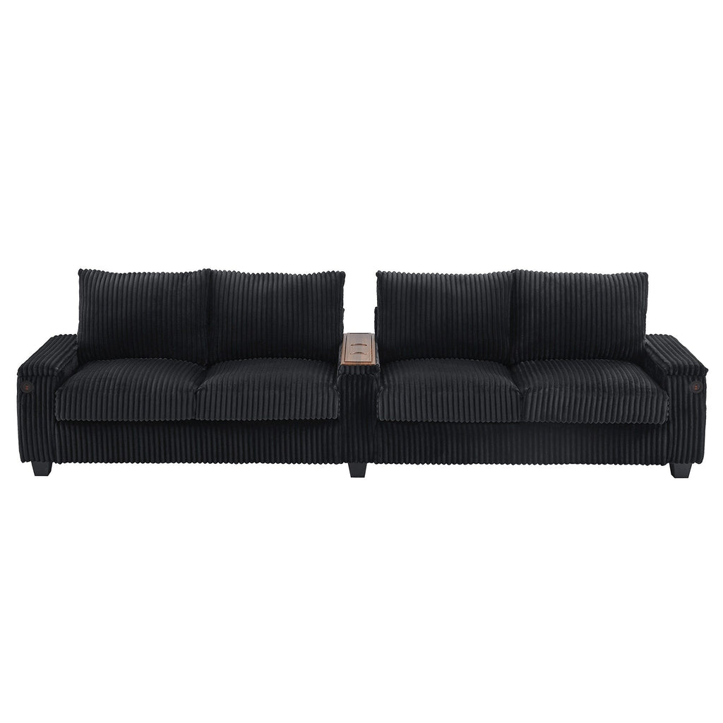 133 Corduroy 4-Seater Sofa with USB Ports, Flip-Top Cup Holders, and Hidden Storage