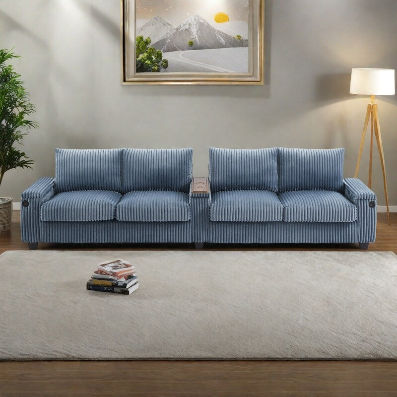 133 Corduroy 4-Seater Sofa with USB Ports, Flip-Top Cup Holders, and Hidden Storage