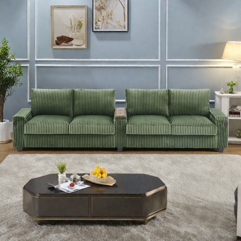 133 Corduroy 4-Seater Sofa with USB Ports, Flip-Top Cup Holders, and Hidden Storage