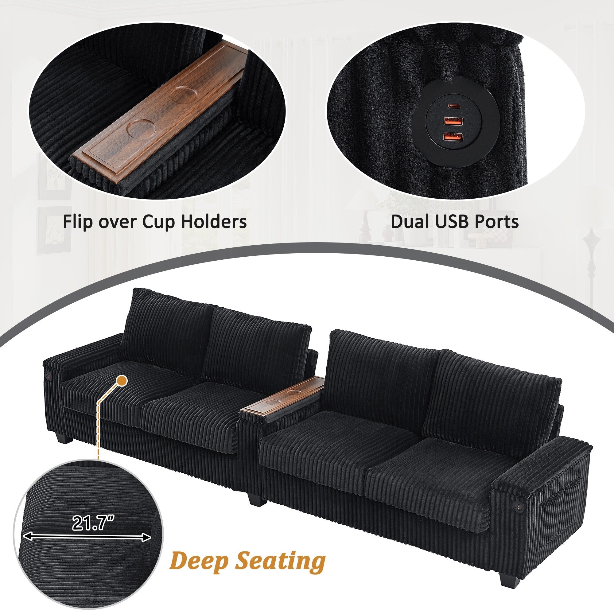 133 Corduroy 4-Seater Sofa with USB Ports, Flip-Top Cup Holders, and Hidden Storage