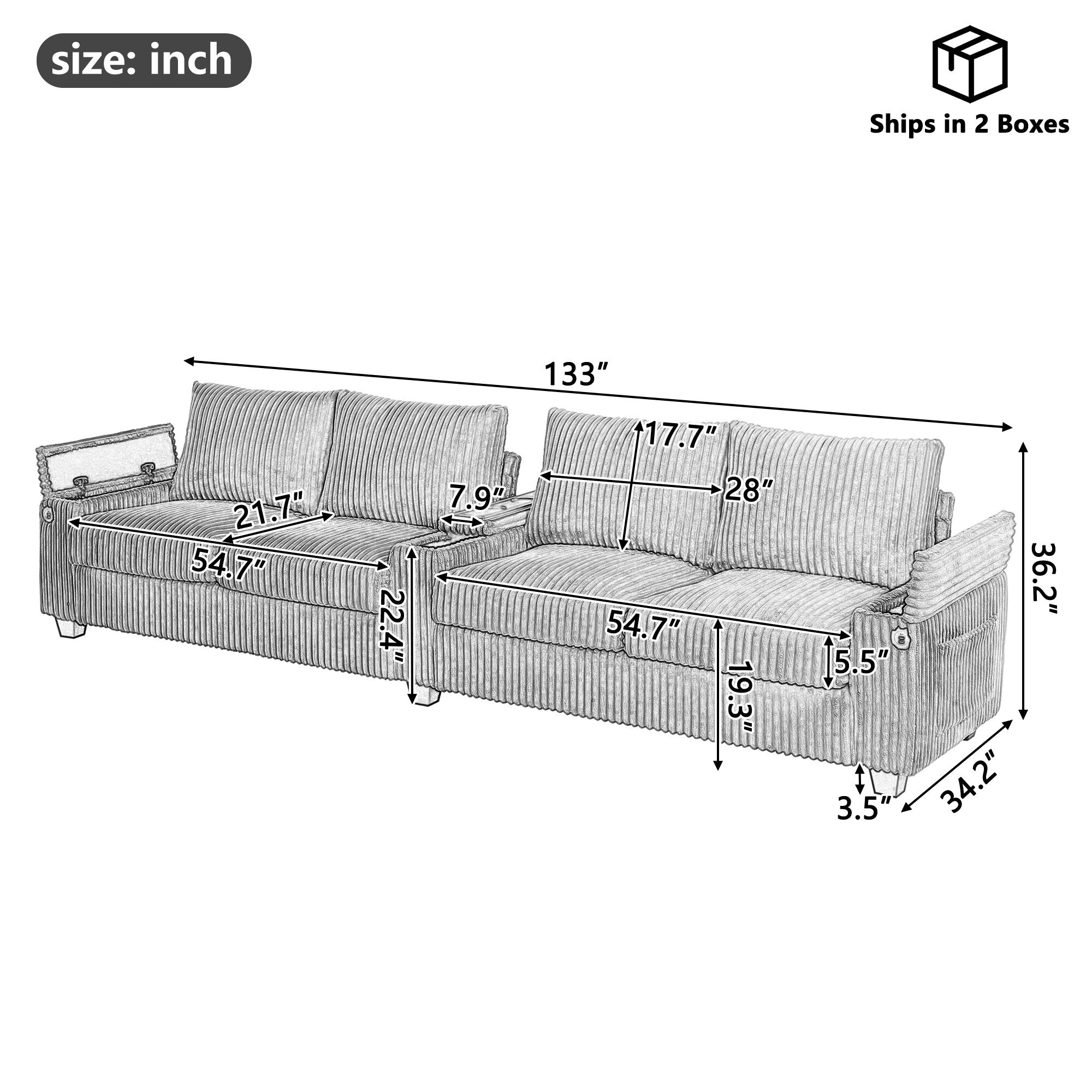 133 Corduroy 4-Seater Sofa with USB Ports, Flip-Top Cup Holders, and Hidden Storage