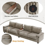 133 Corduroy 4-Seater Sofa with USB Ports, Flip-Top Cup Holders, and Hidden Storage