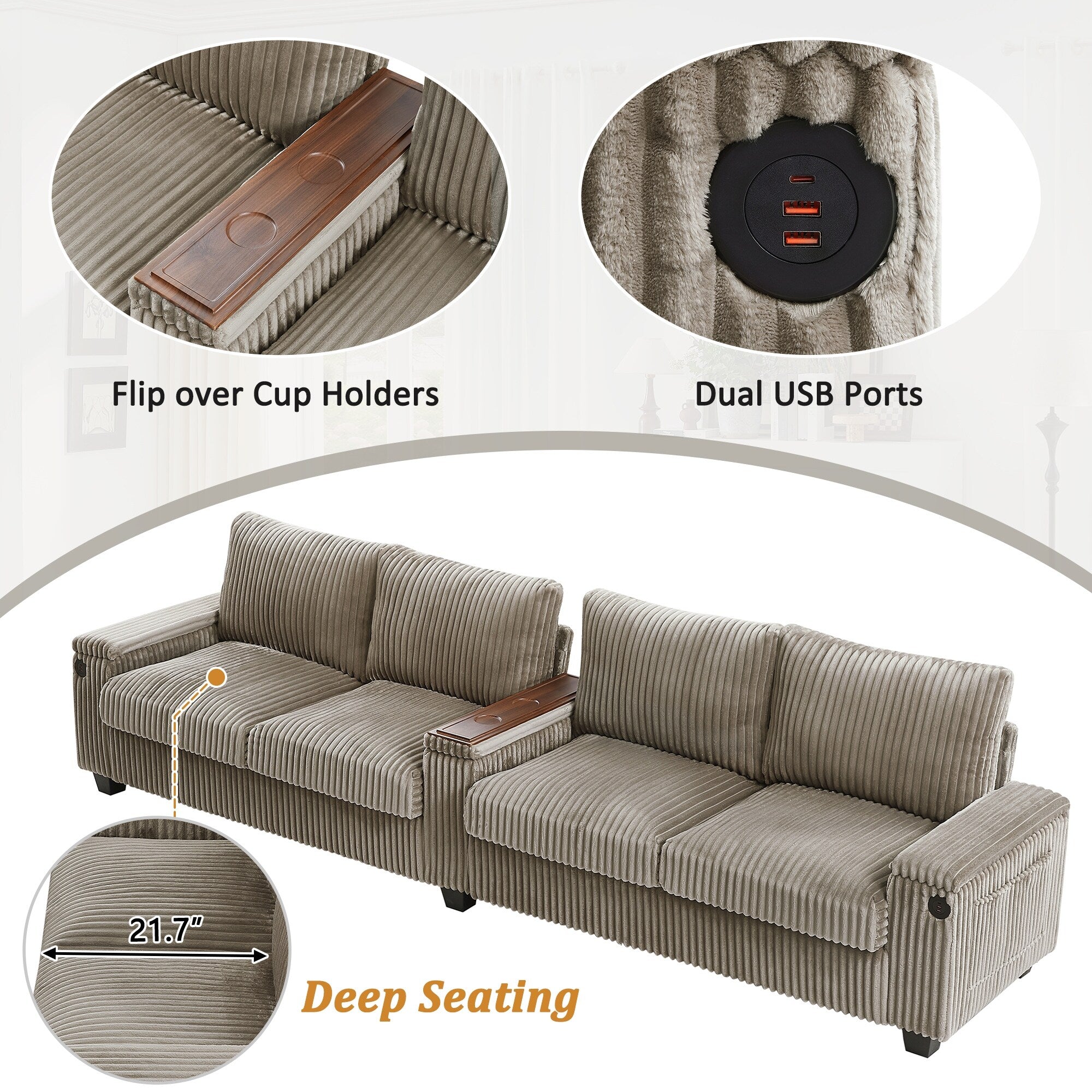 133 Corduroy 4-Seater Sofa with USB Ports, Flip-Top Cup Holders, and Hidden Storage