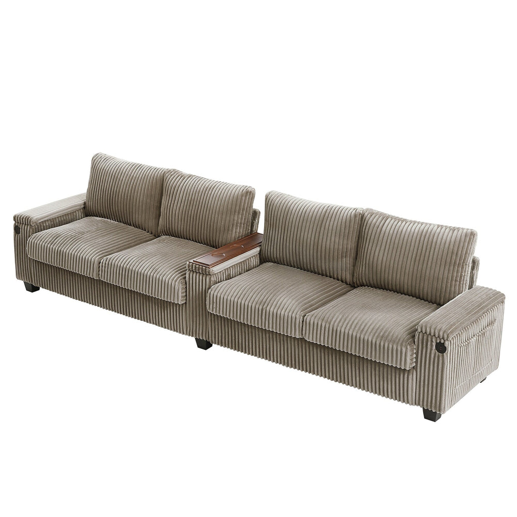 133 Corduroy 4-Seater Sofa with USB Ports, Flip-Top Cup Holders, and Hidden Storage