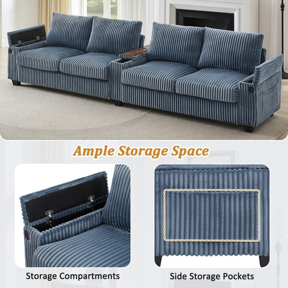 133 Modern 4-seater Corduroy Sofa Couch with USB Ports and Flip-top Cup Holders