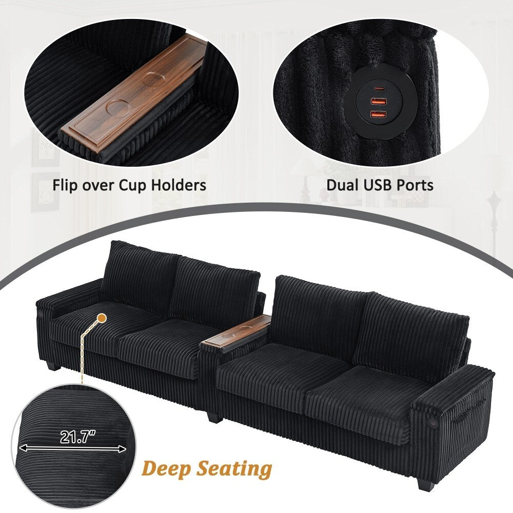 133 Modern 4-seater Corduroy Sofa Couch with USB Ports and Flip-top Cup Holders