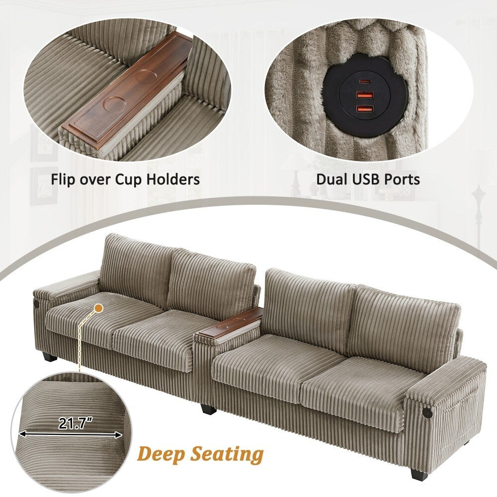 133 Modern 4-seater Corduroy Sofa Couch with USB Ports and Flip-top Cup Holders