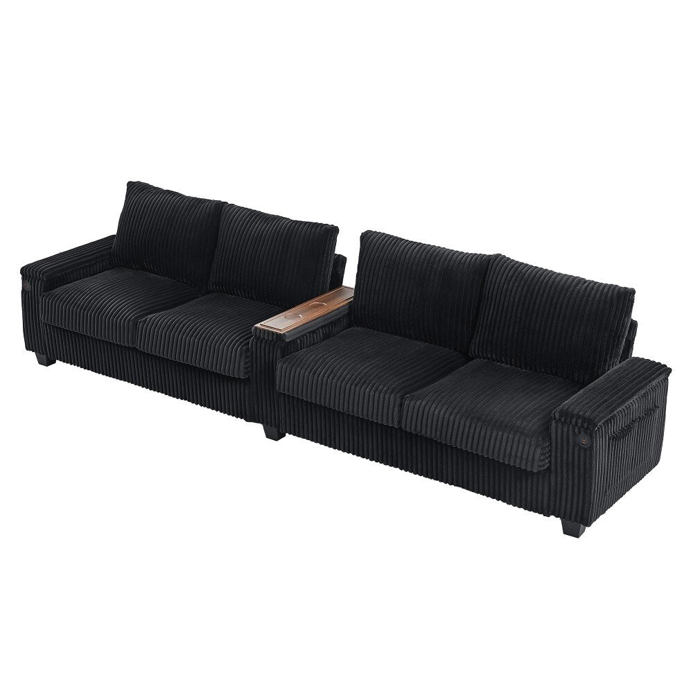 133 Modern 4-seater Corduroy Sofa Couch with USB Ports and Flip-top Cup Holders