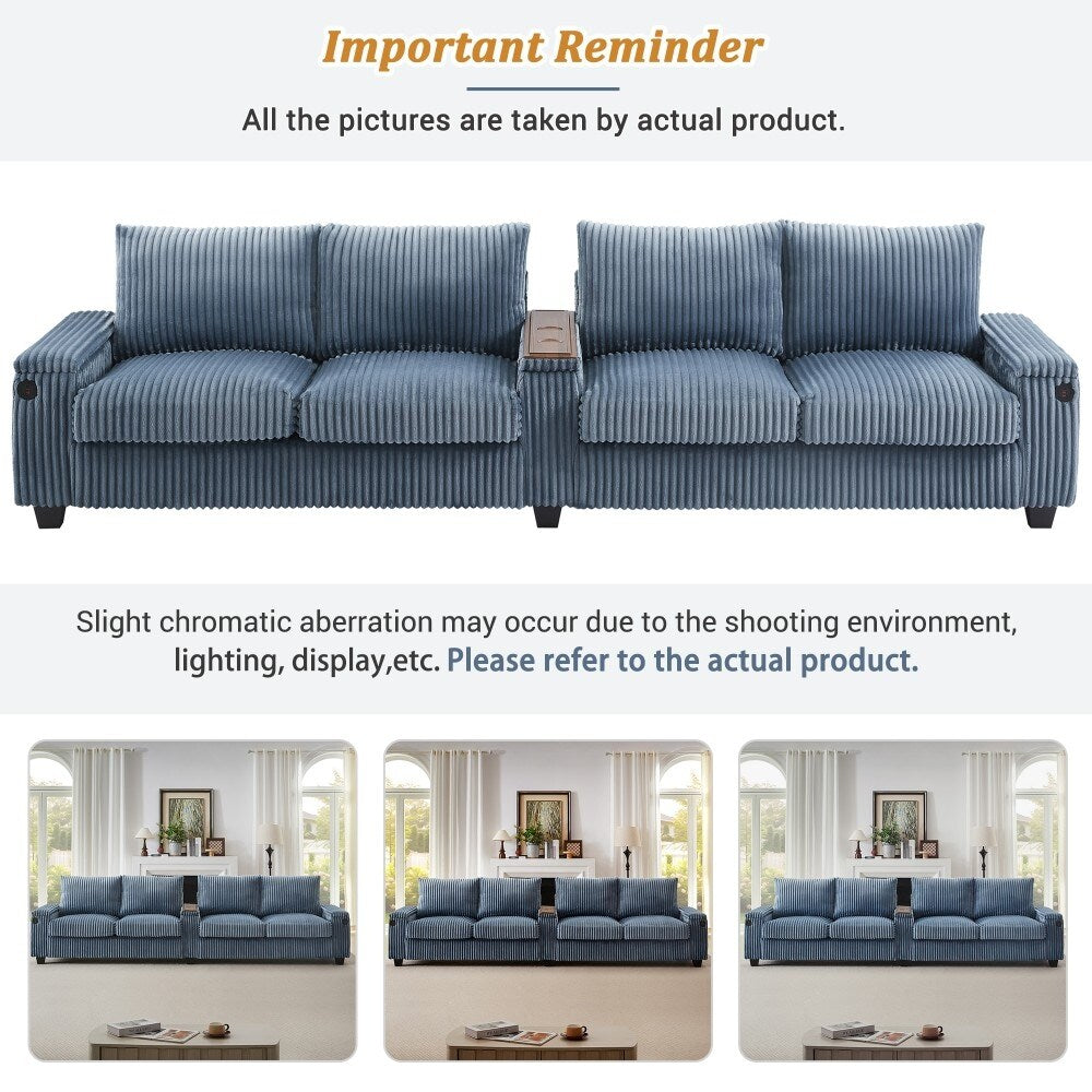 133 Modern 4-seater Corduroy Sofa Couch with USB Ports and Flip-top Cup Holders