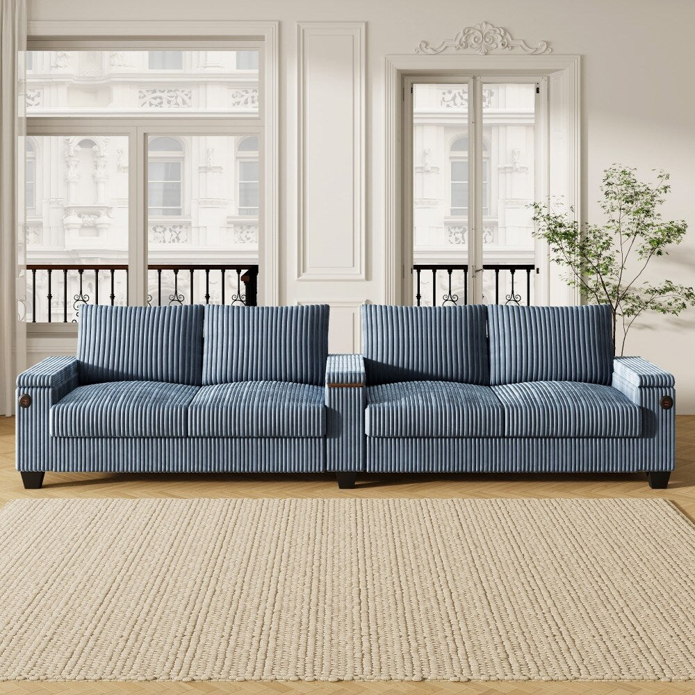 133 Modern 4-seater Corduroy Sofa Couch with USB Ports and Flip-top Cup Holders