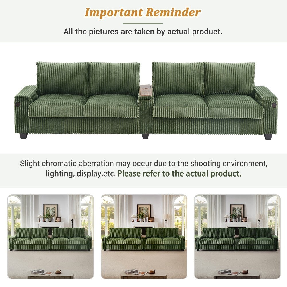 133 Modern 4-seater Corduroy Sofa Couch with USB Ports and Flip-top Cup Holders