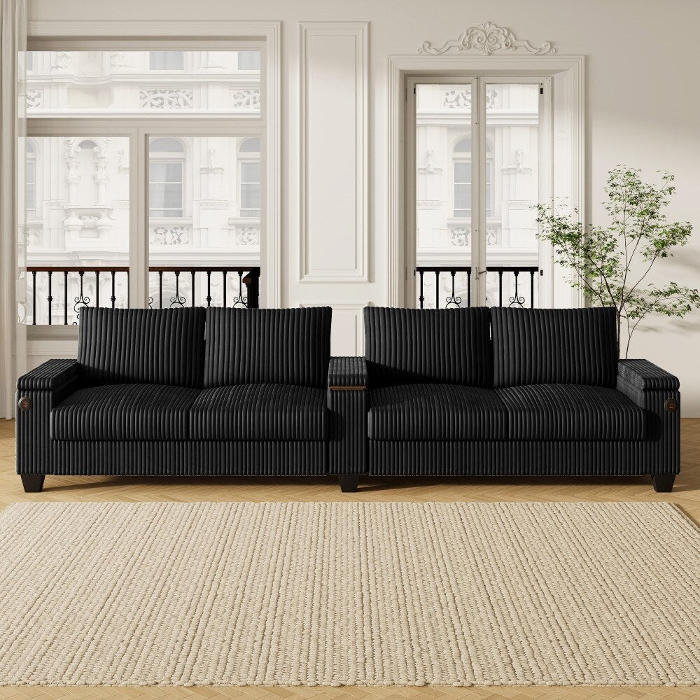 133 Modern 4-seater Corduroy Sofa Couch with USB Ports and Flip-top Cup Holders