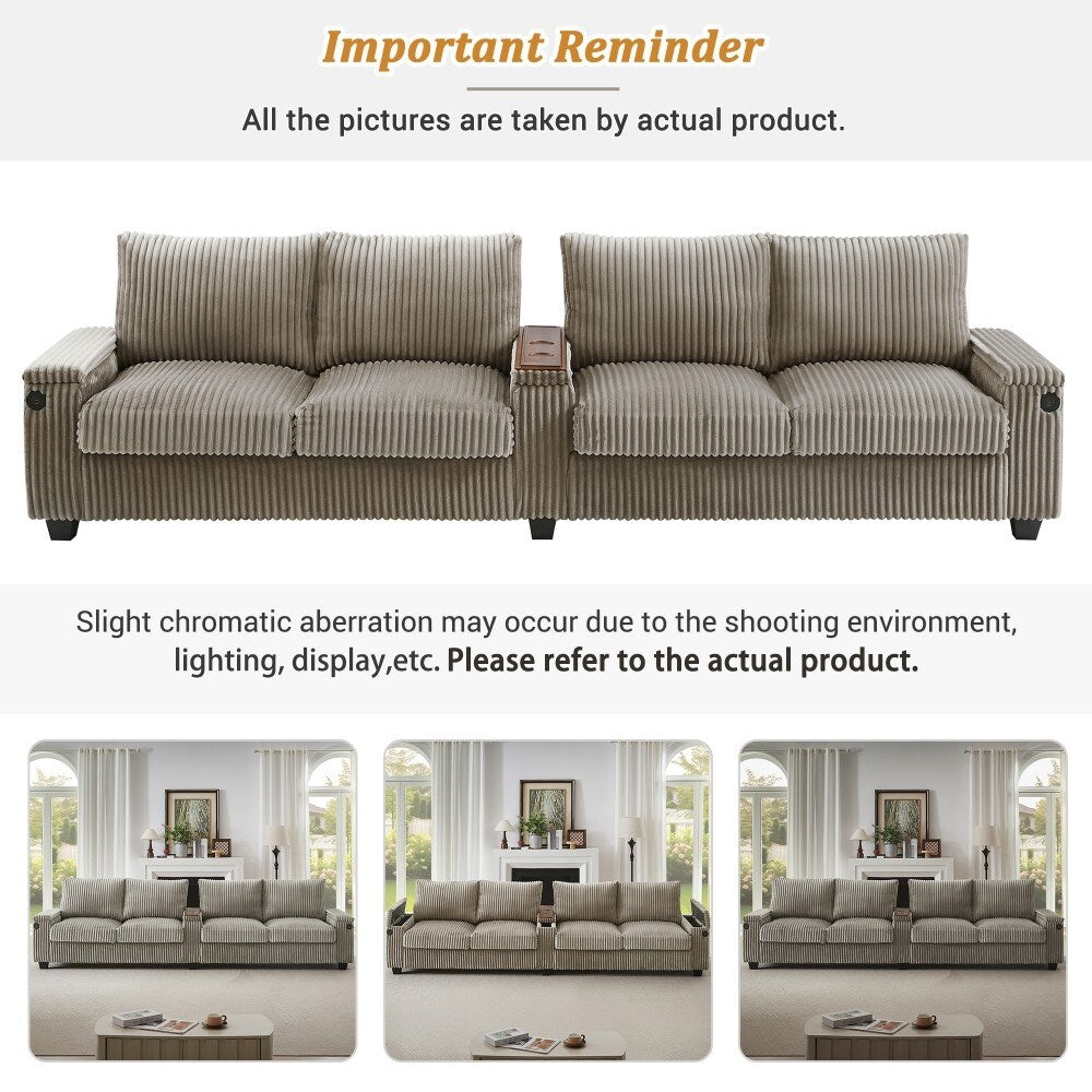 133 Modern 4-seater Corduroy Sofa Couch with USB Ports and Flip-top Cup Holders