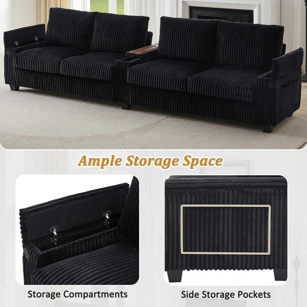 133 Modern 4-seater Corduroy Sofa Couch with USB Ports and Flip-top Cup Holders