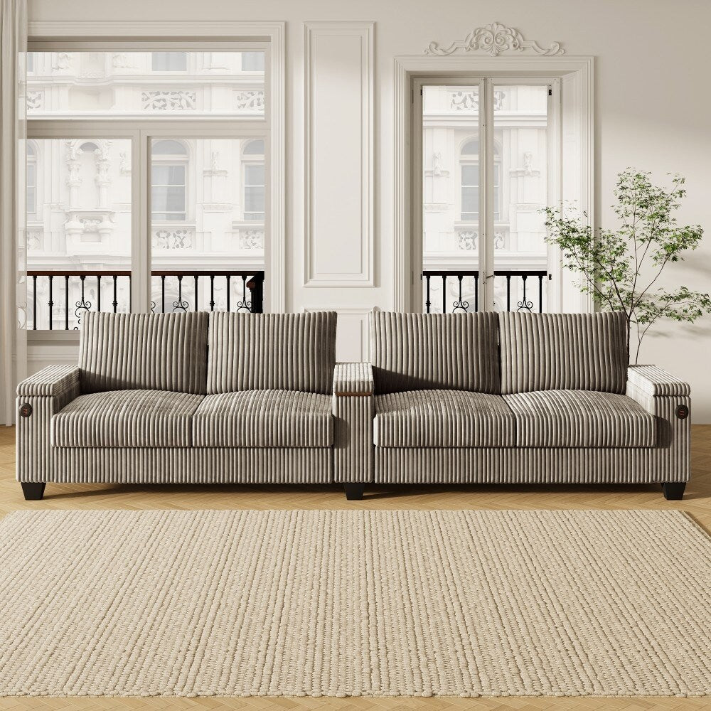 133 Modern 4-seater Corduroy Sofa Couch with USB Ports and Flip-top Cup Holders