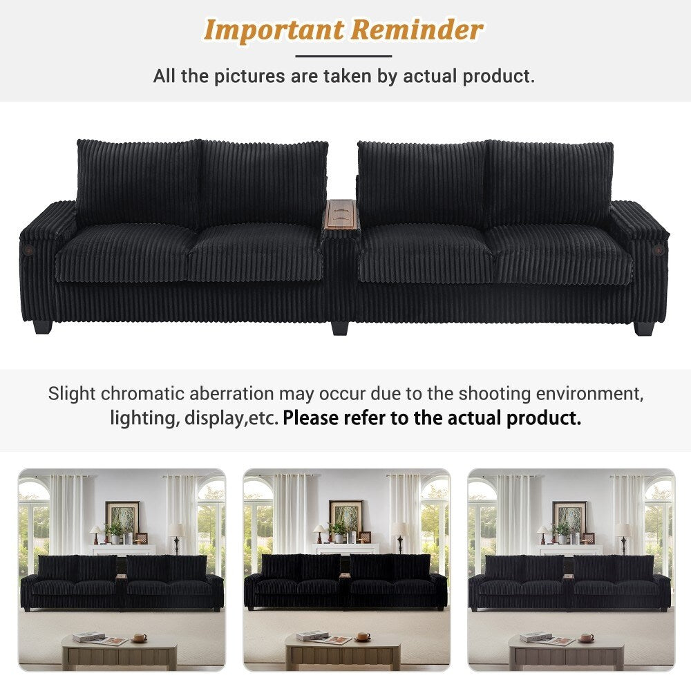 133 Modern 4-seater Corduroy Sofa Couch with USB Ports and Flip-top Cup Holders