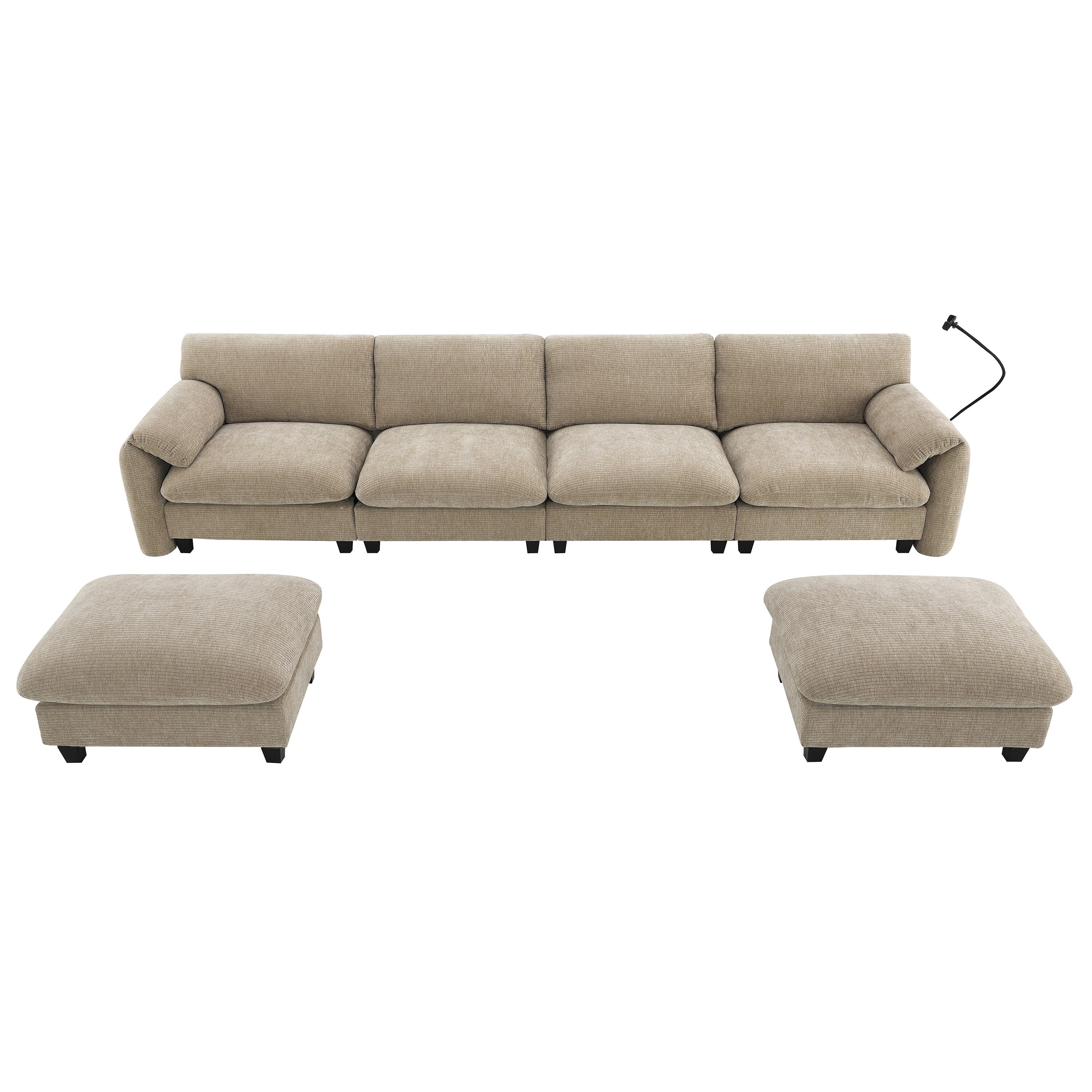 140-Inch Chenille Sectional Sofa with USB and Type-C Charging Ports, Phone Holders, Side Storage Pockets, Movement Ottomans