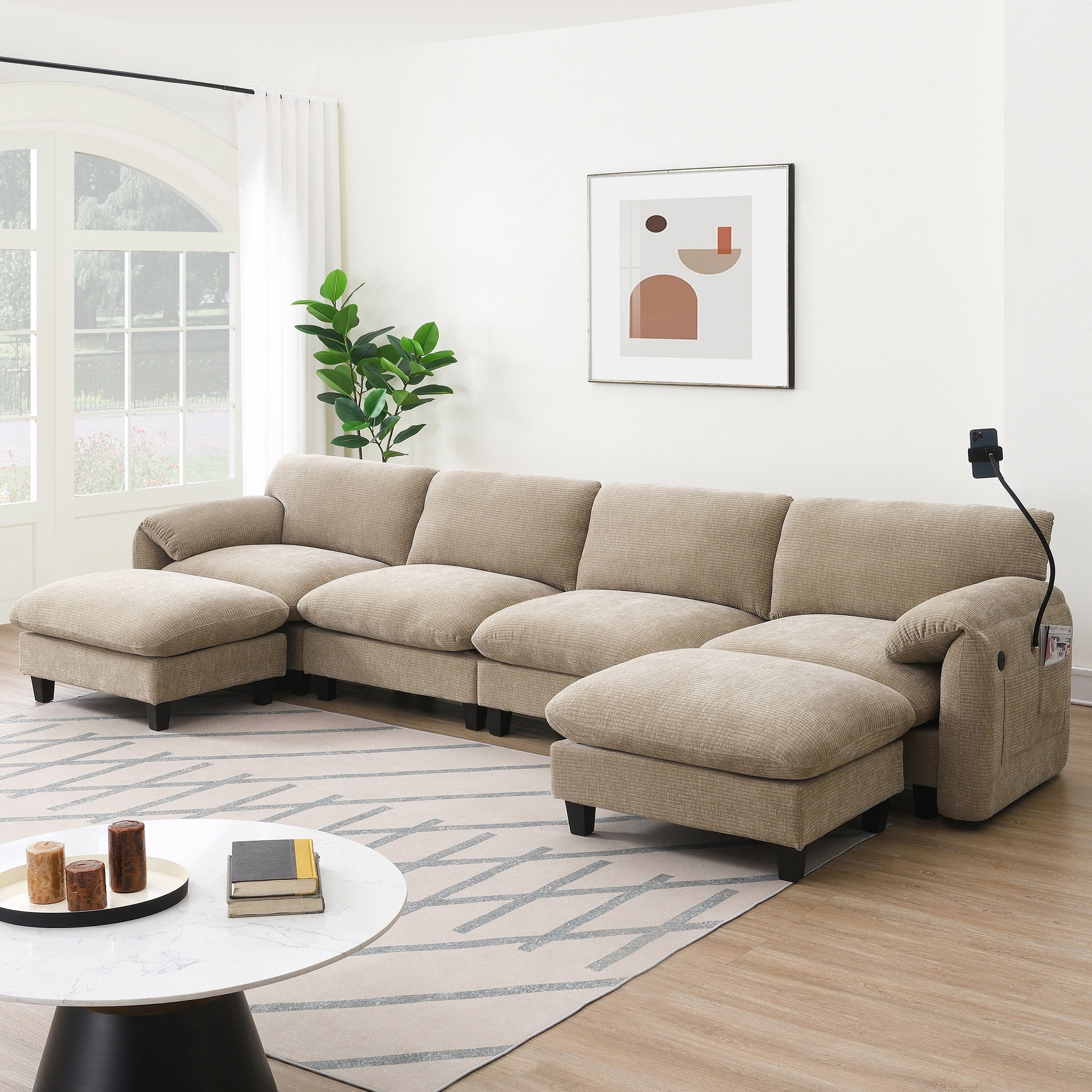140-Inch Chenille Sectional Sofa with USB and Type-C Charging Ports, Phone Holders, Side Storage Pockets, Movement Ottomans
