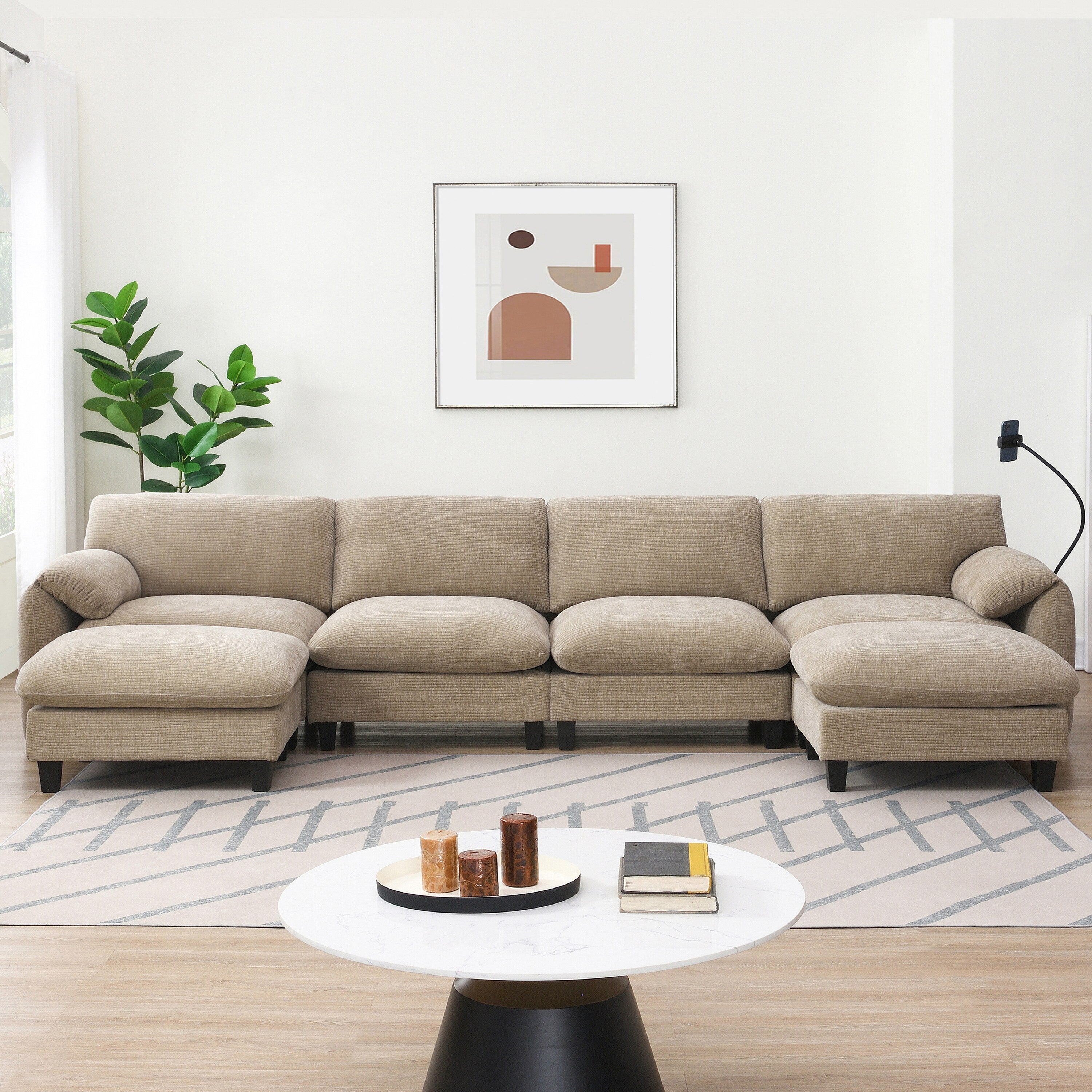 140-Inch Chenille Sectional Sofa with USB and Type-C Charging Ports, Phone Holders, Side Storage Pockets, Movement Ottomans