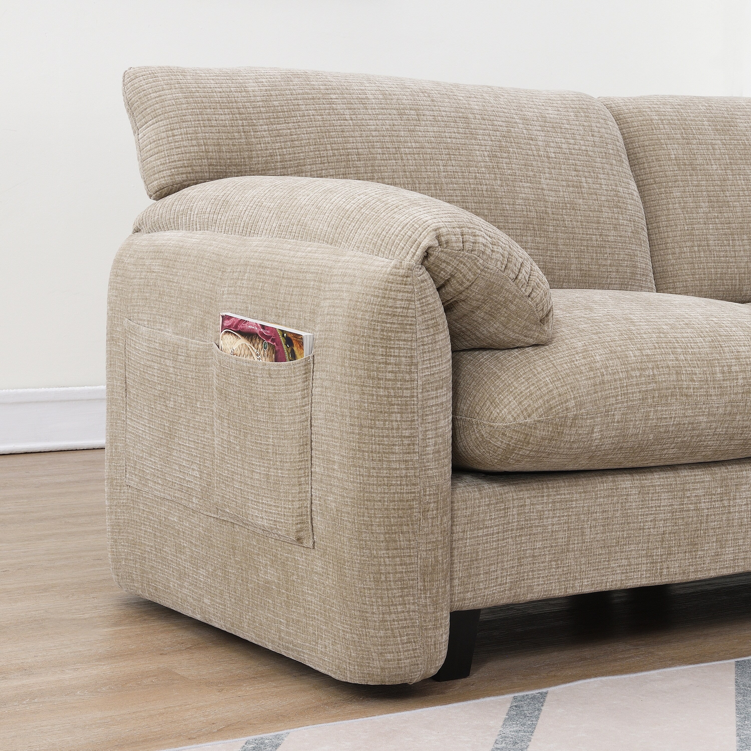 140-Inch Chenille Sectional Sofa with USB and Type-C Charging Ports, Phone Holders, Side Storage Pockets, Movement Ottomans