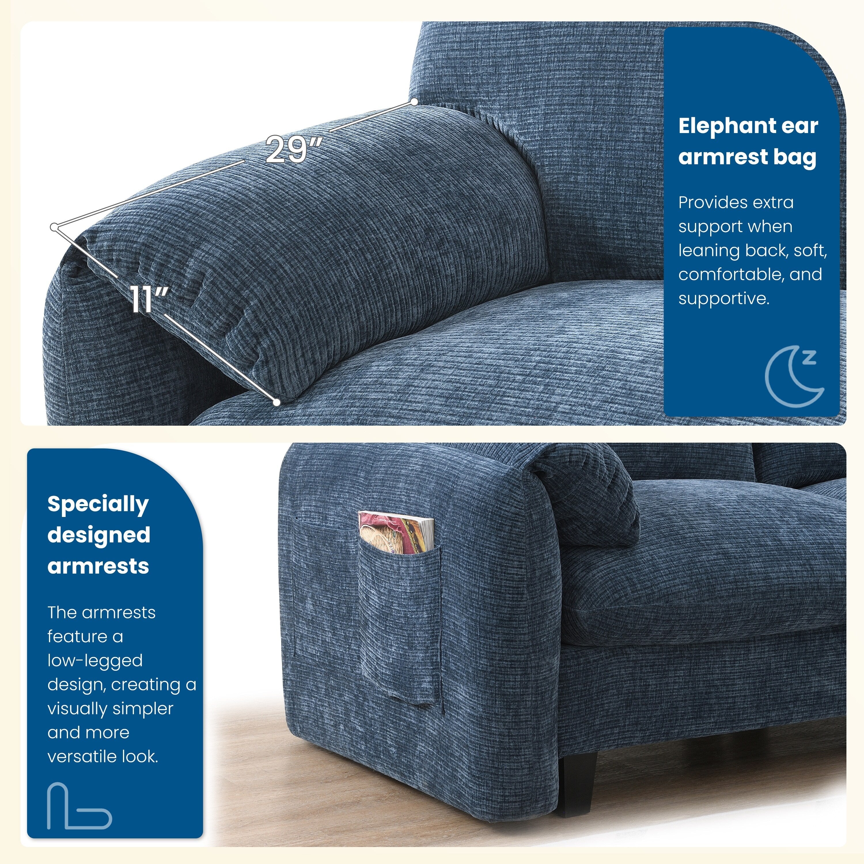 140-Inch Chenille Sectional Sofa with USB and Type-C Charging Ports, Phone Holders, Side Storage Pockets, Movement Ottomans